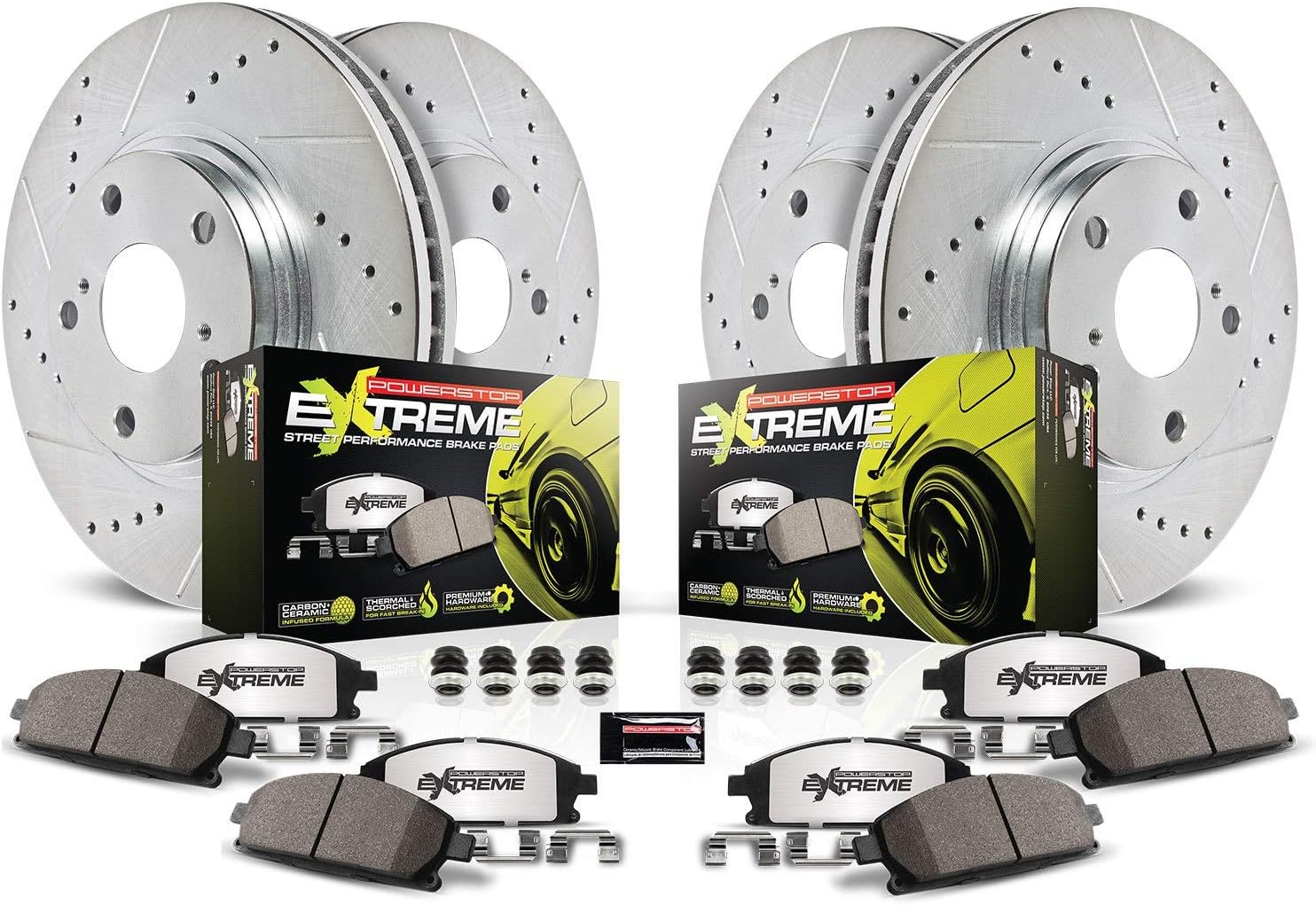 Power Stop K700-26 Front and Rear Z26 Carbon Fiber Brake Pads with Drilled & Slotted Brake Rotors Kit For Honda Civic 1992-1995, Honda Civic del Sol 1993-1997 [Model Specific]
