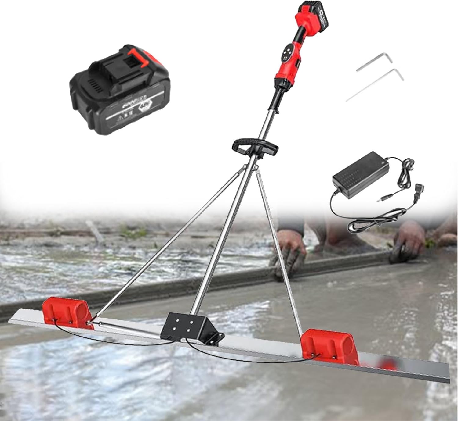 Electric Cordless Concrete Screed Vibrator Kit, Power Concrete Screed Vibratory Kit with 9 Speed Setting, Stainless Steel Extension Rod 1*Battery-2M