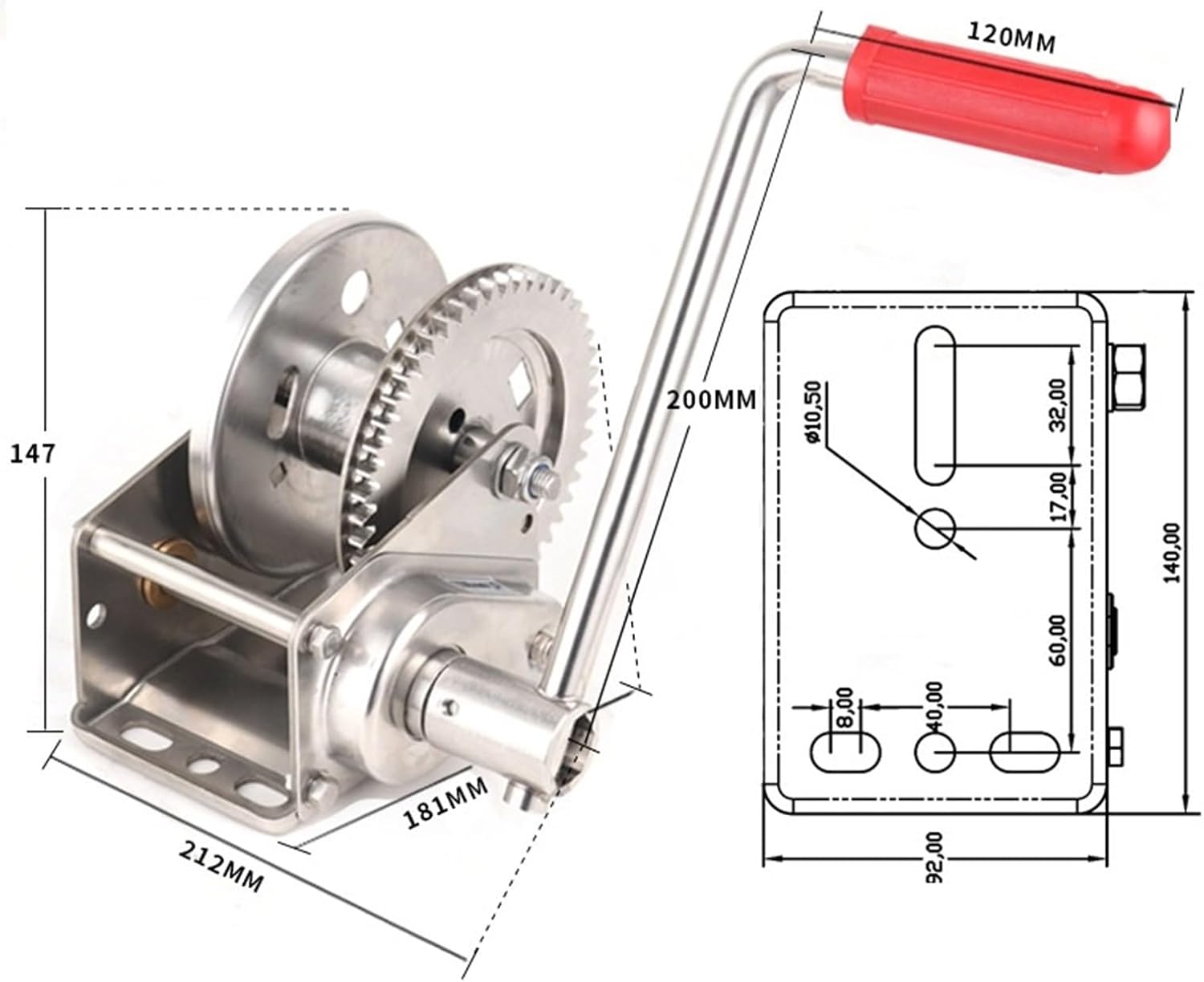Heavy Duty Hand Manual Winch, 1200lbs Manual Winch, with 5/10/20 m Wire Cable, Non-Slip Grip and Stainless Steel Hook, Upto 544kg Capacity(Only Winch)