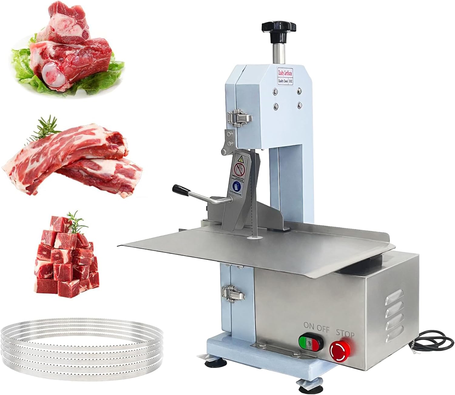 550W Electric Bone Saw Machine For Butchering – Max 4.3-Inch Cutting Thickness, Frozen Meat Cutter 110V Commercial Bandsaw, 17.7 x 12.2-Inch Table for Chicken, Fish, Beef, With 5 Saw Blades