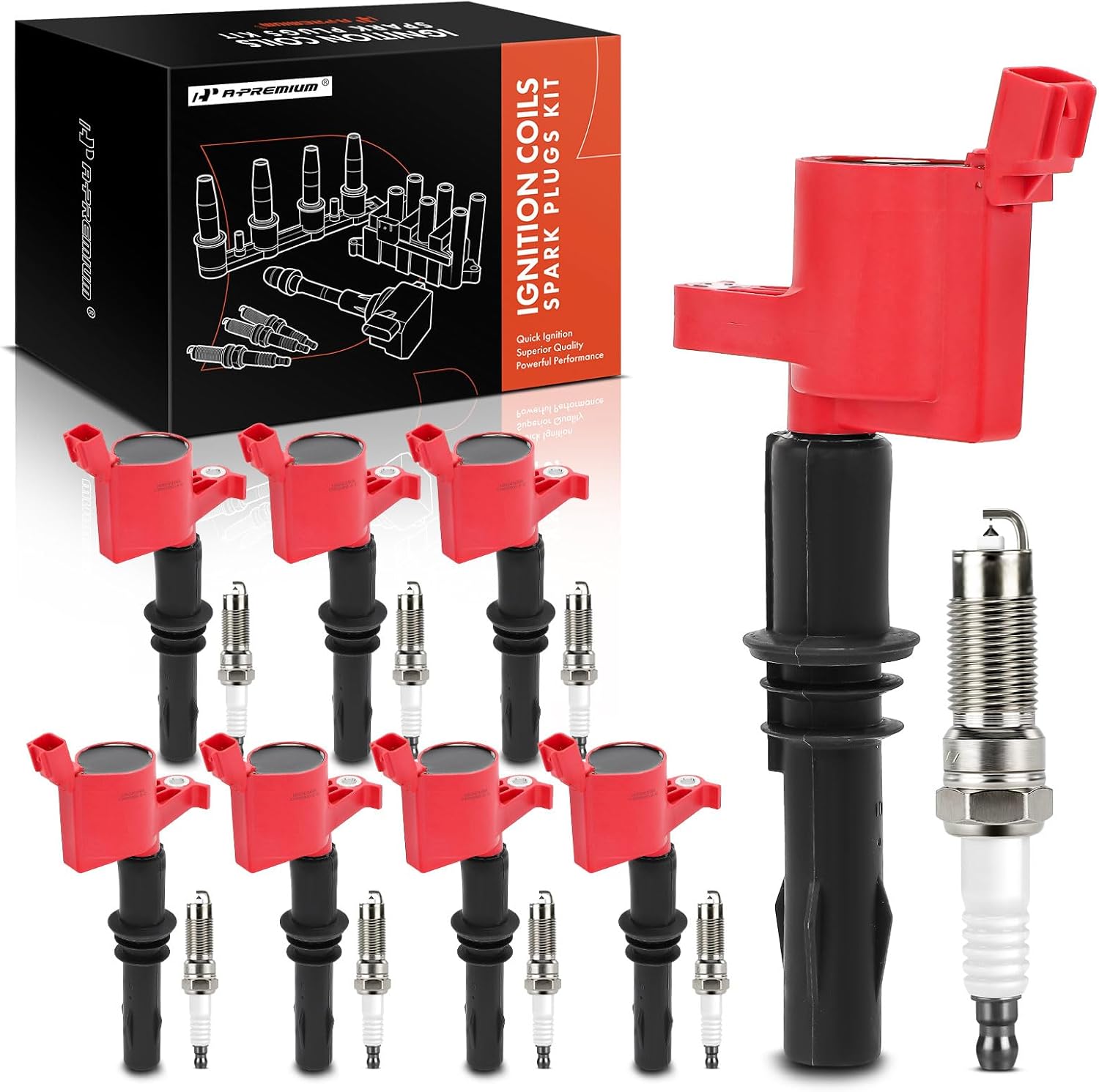 A-Premium (Red) Set of 16 Ignition Coil Pack and Iridium Spark Plugs Compatible with Ford F-150, F-250 F-350 Super Duty, Explorer, Mustang, Expedition & Lincoln Navigator & Mercury Mountaineer
