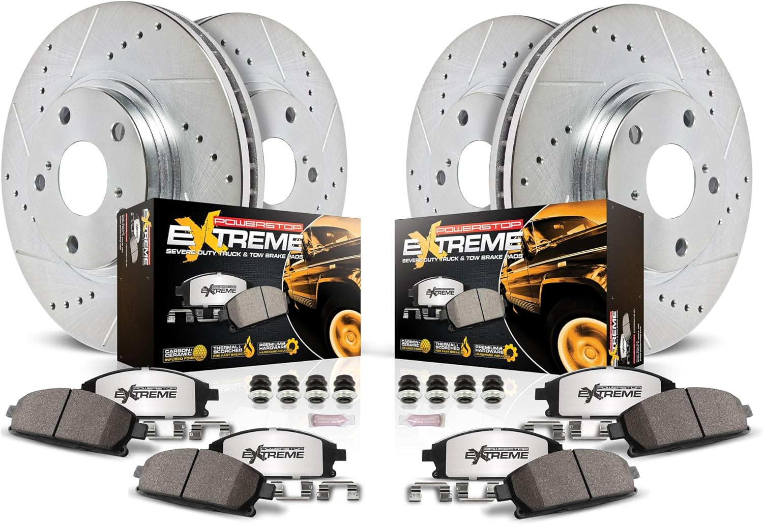 Power Stop Front and Rear Brake Kit For 2009 2010 2011 2012 2013 2014 Acura TL - Truck & Tow Carbon Fiber Ceramic Brake Pads & Drilled and Slotted Rotors Replacement, K5856-36