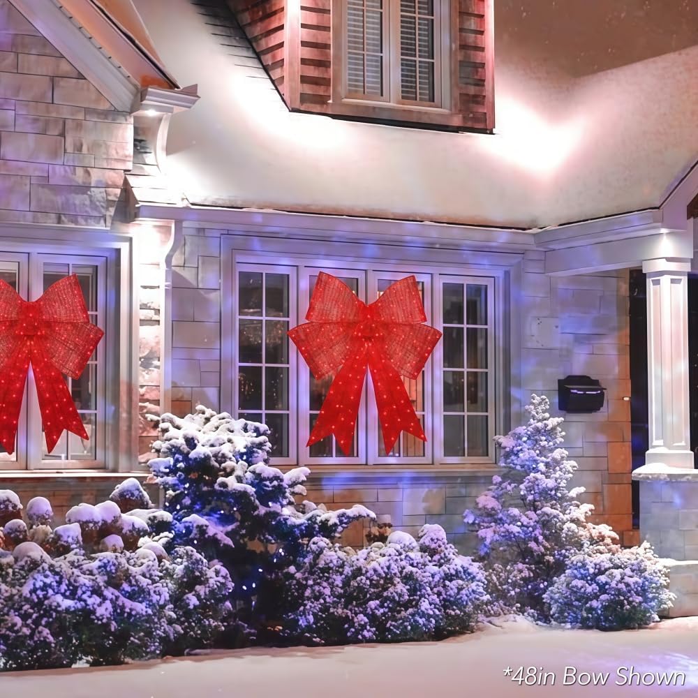 48in Pre-Lit XL Christmas Bow Decoration, Large Christmas Outdoor/Indoor LED Holiday Yard Décor with 200 Lights, 8 Light Functions, Timer, Hook (48in, 2 pcs)