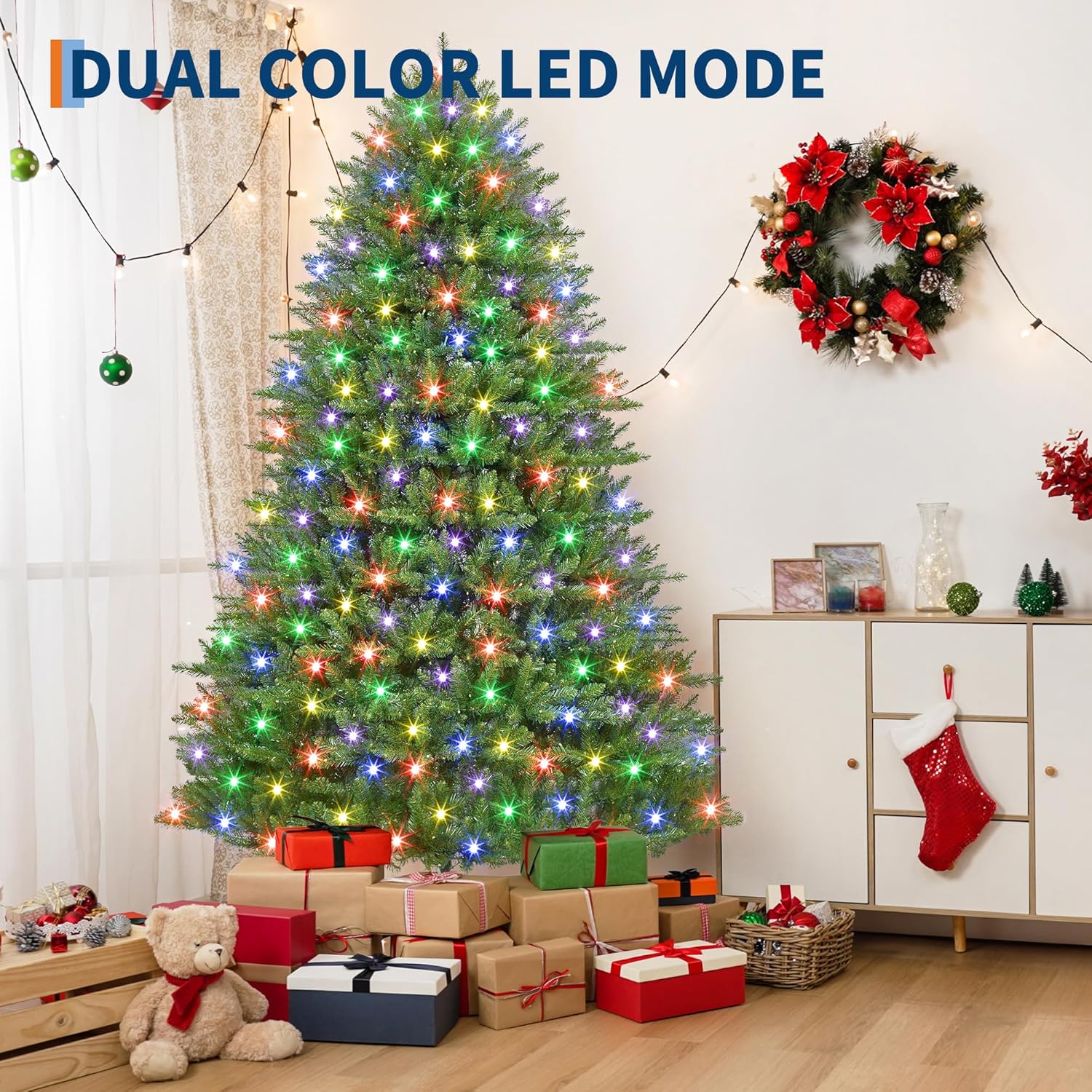 6FT Pre-lit Artificial Christmas Tree, Premium Spruce Full-Tree Design Featuring 450 Lights and Metal Stand, Hinged Structure for Easy Assembly and Maintenance, Top Choice for Holiday Decorations