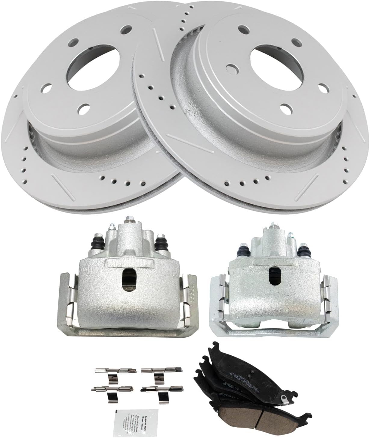 TRQ Rear Ceramic Pads Performance Drilled Slotted Zinc Coated Rotors & Calipers
