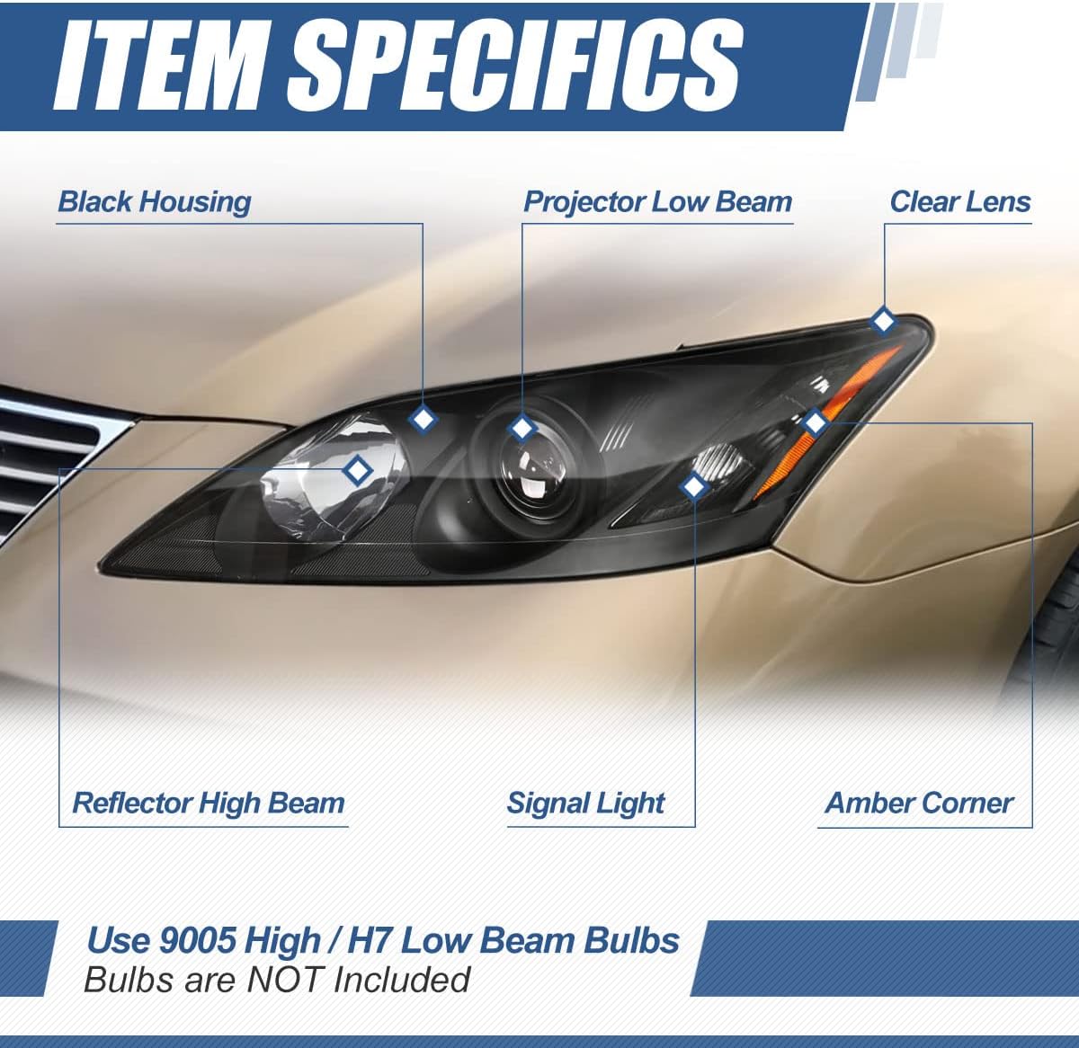 Auto Dynasty Factory Style Projector Headlights Assembly Compatible with Lexus ES350 2007 2008 2009, Driver and Passenger Side, Black Housing Amber Corner
