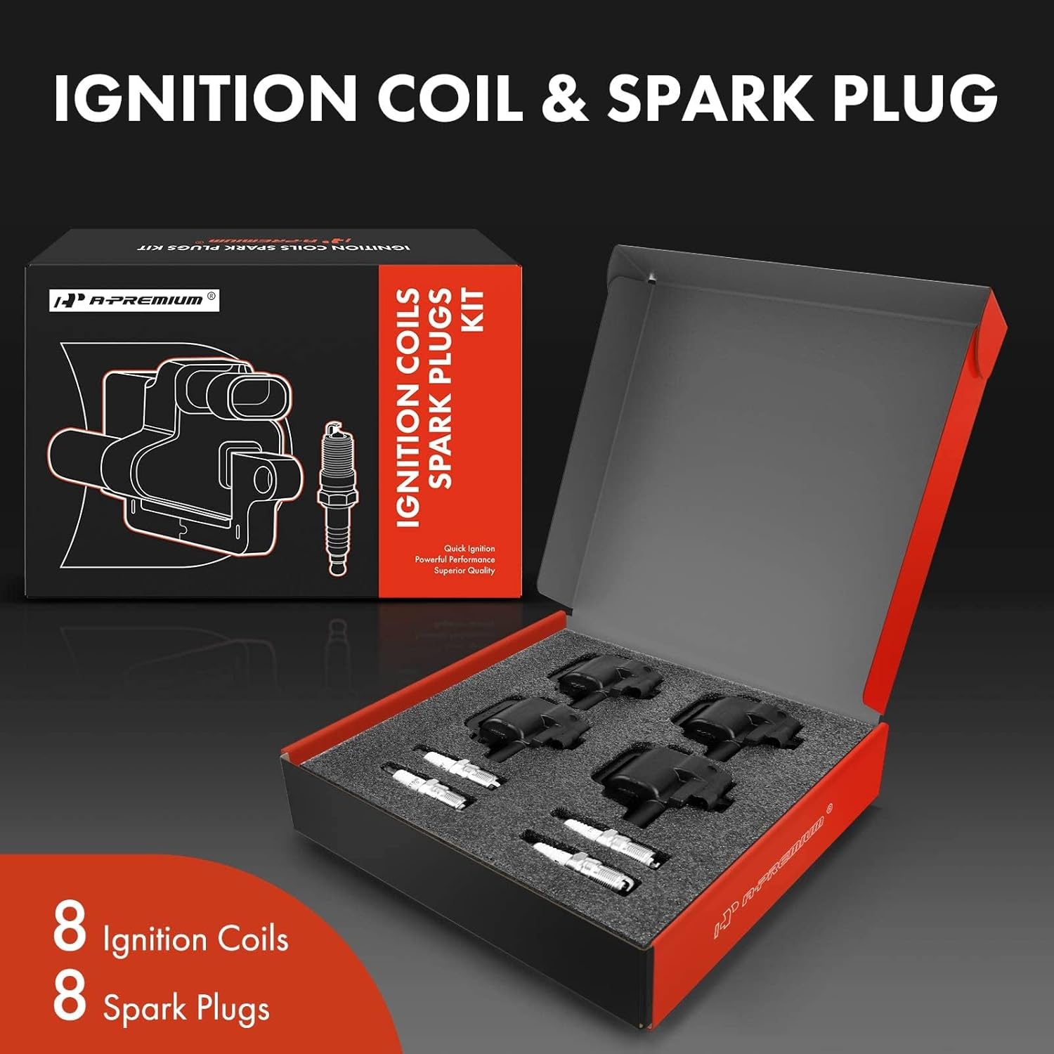 A-Premium Ignition Coils and Spark Plugs Kits (Black) Compatible with Chevrolet Camaro 1998-2002, Corvette 1997-2004 & Cadillac CTS 2004-2005 & Pontiac Firebird 1998-2002, 5.7L 8-PC Set