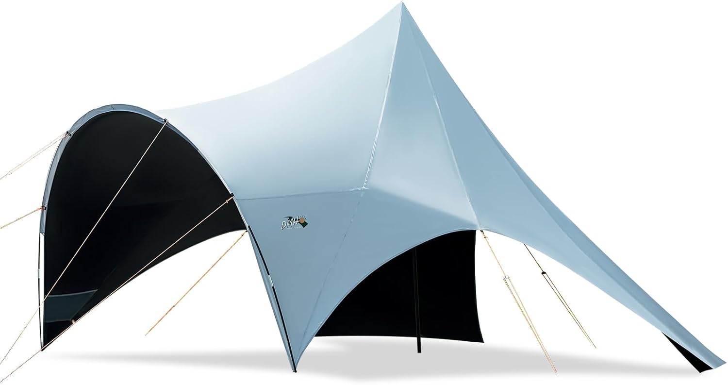 Large Blackout Camping Tarp with Poles Waterproof Shade Canopy Tent Tarp Sun Shade Shelter for Outdoor Camping Backyard Picnic - Included Guy Lines & Luminous Tent Stakes, Gray