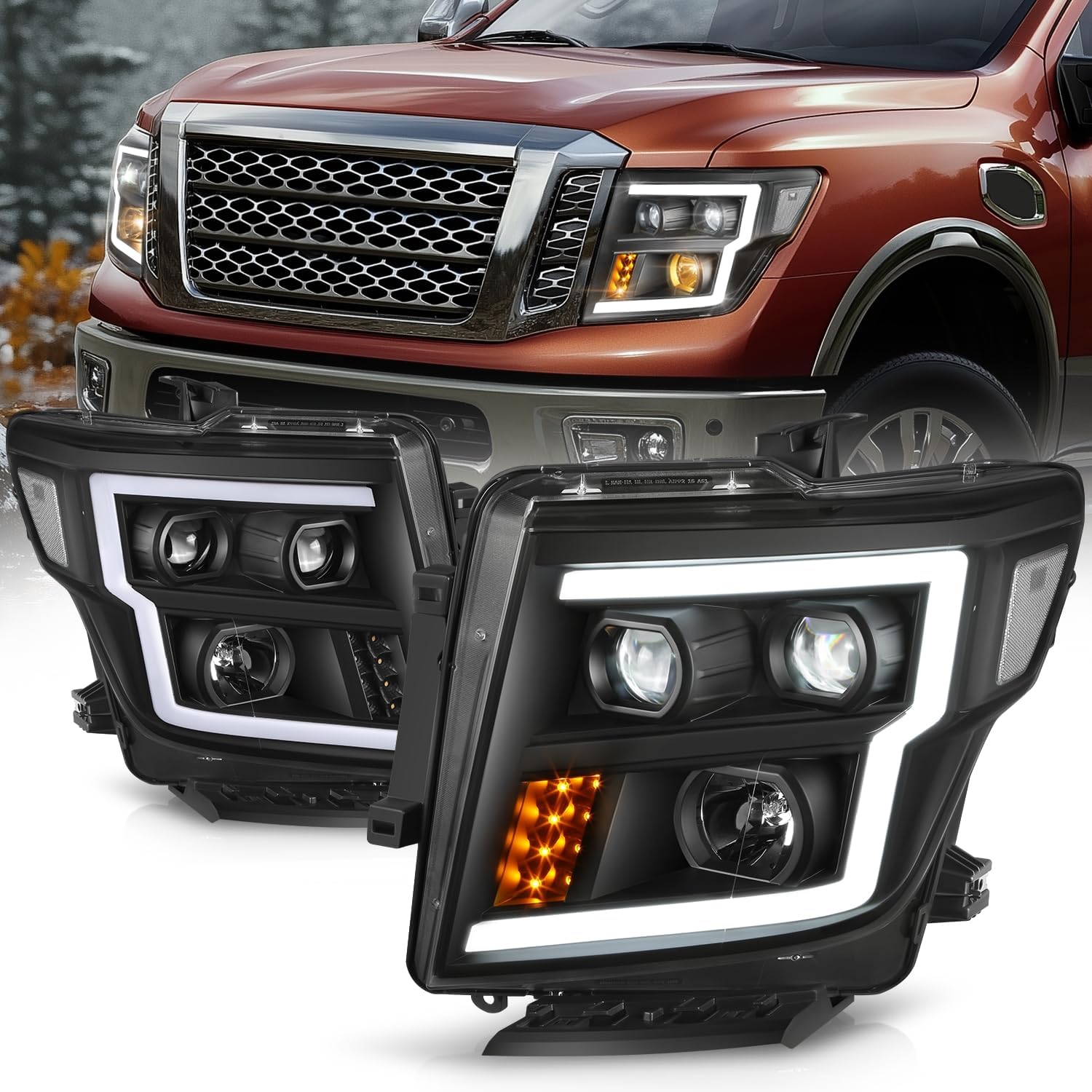 Auto Dynasty LED DRL Headlights Assembly Compatible with 2016-2024 Nissan Titan (XD), Halogen Headlamps Replacement w/Projector Low Beam, E-Style LED Running Light, Black Housing Amber Lens