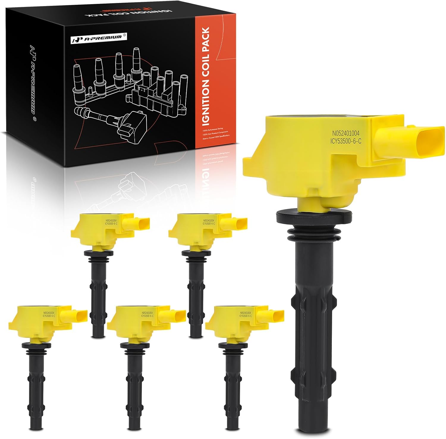 A-Premium (Yellow) Engine Ignition Coil Pack Compatible with Mercedes-Benz C230, C280, C300, E280, E300, E350, GLK350, GL320, S350, S400, SLK280, SLK300 & Dodge Sprinter 2500 & Freightliner, 6-PC Set