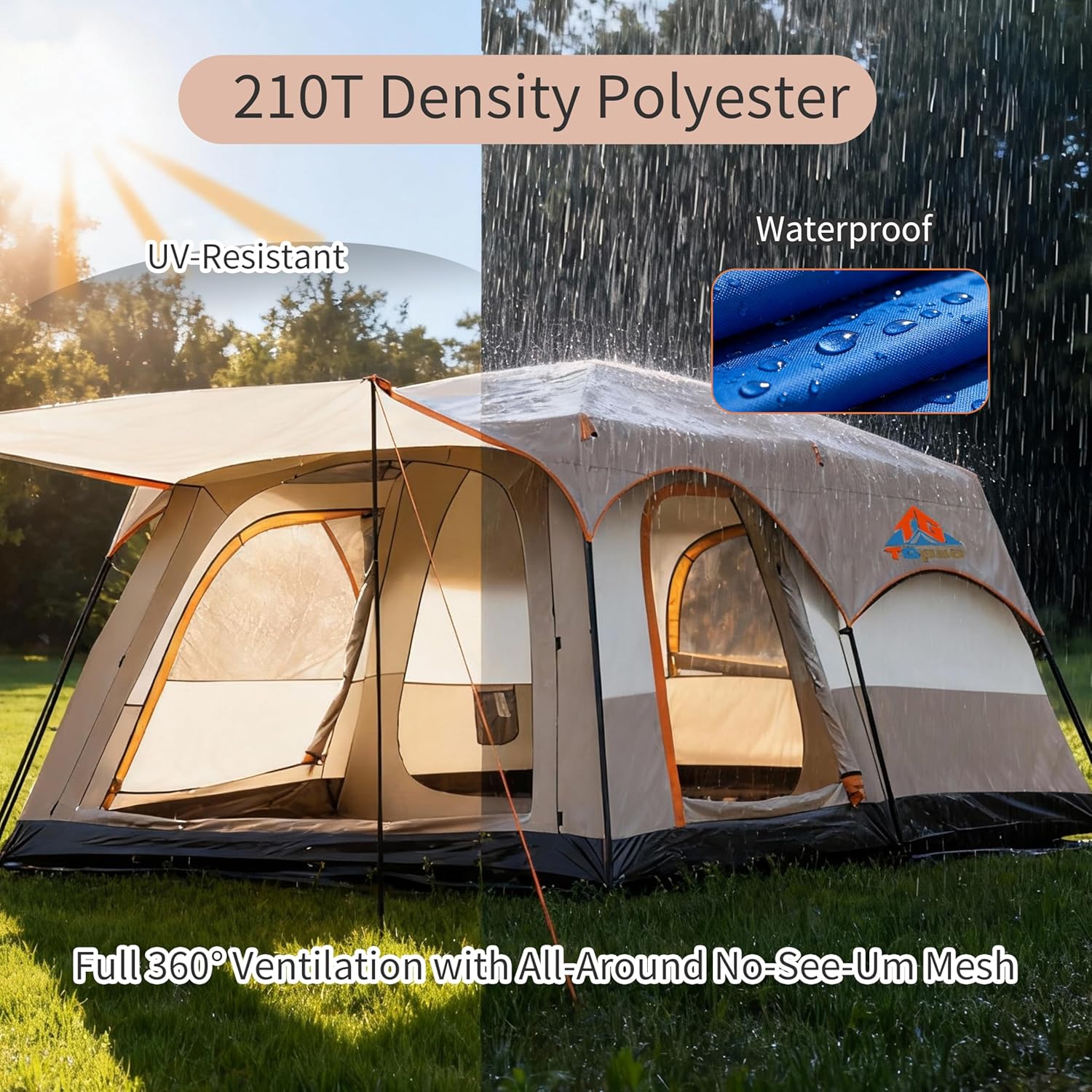 Large Family Camping Tent - 5-12 Person Multi-Room Waterproof Pop-Up Tent with Screened Porch - Glamping Tent for Outdoor Camping & Family Vacation