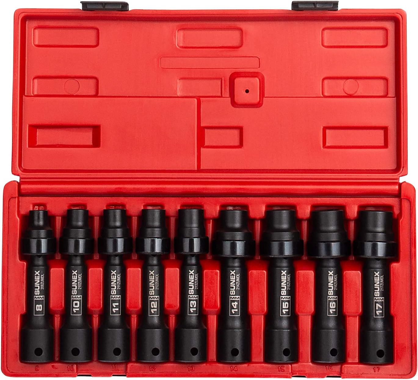SUNEX TOOLS 2695, 陆 Inch Drive Driveline Limited Clearance Socket Set, 12-Point, 9-Piece, Metric, 8mm-17mm, Cr-Mo Steel, Heavy Duty Storage Case