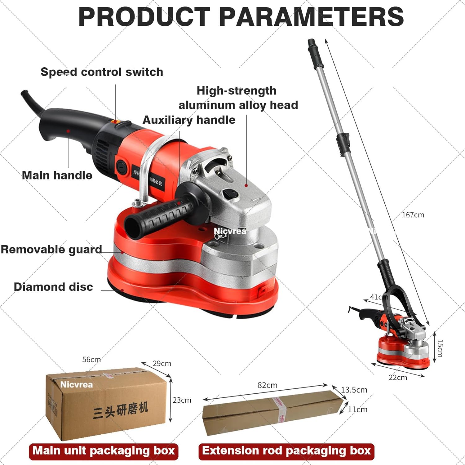 Portable Three-Head Wall Floor Sander, Concrete Grinder Set,Cement Wall and Ground Grinder,Concrete Floor Grinder, Polishing Machine E