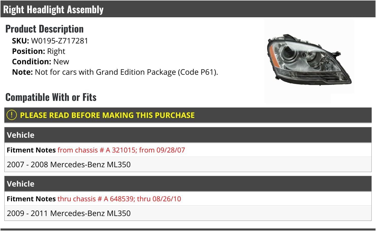 Right Passenger Side Headlight Assembly - Compatible with 2007-2011 Mercedes-Benz ML350 without Grand Edition Package (From 09/28/2007 Up To 08/26/2010)