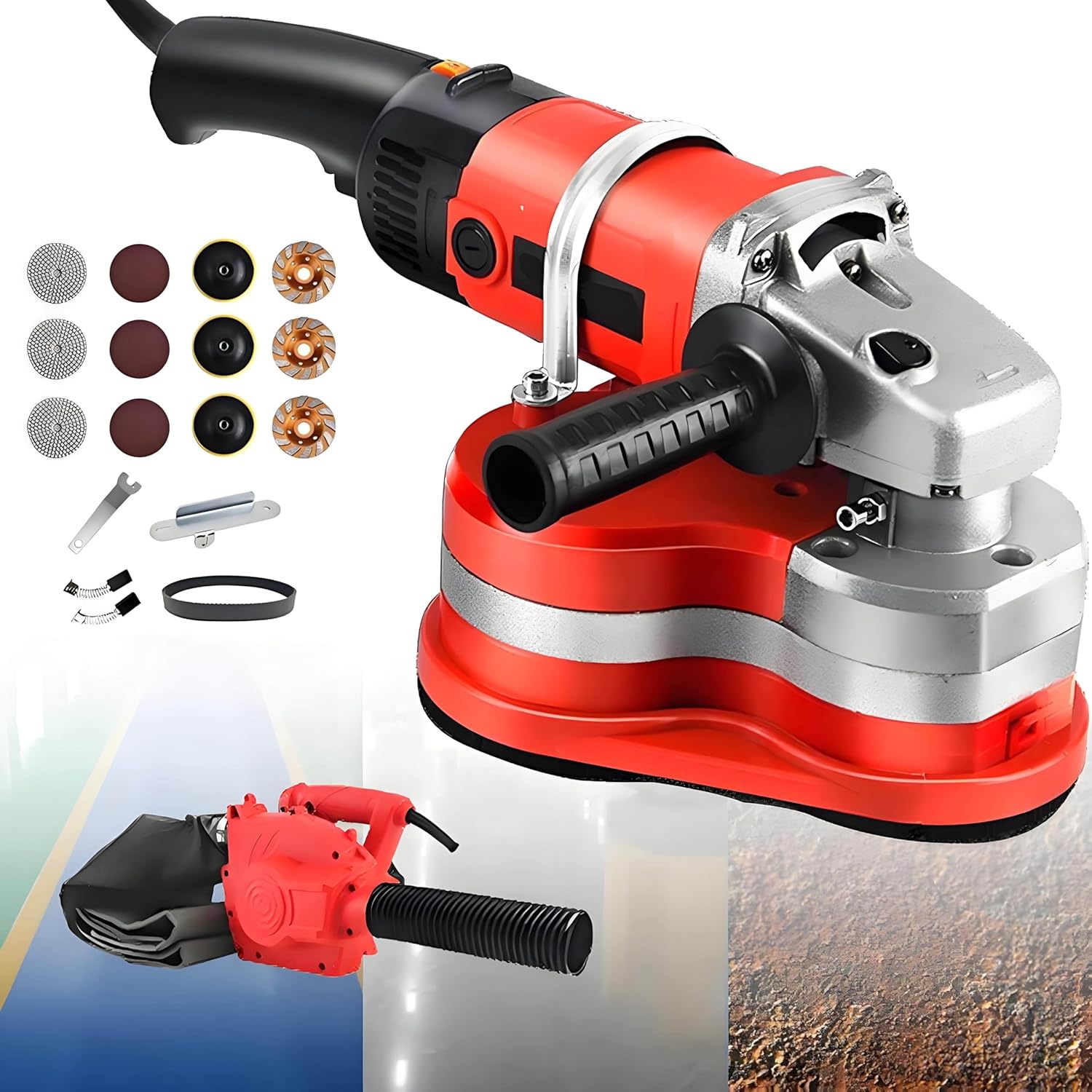 Portable Three-Head Wall And Floor Sander, Concrete Polisher, Three-Head Portable Sander Floor Grinder, 113-168CM Telescopic Rod, Includes Various Grinding Discs Machine+VacuumCleaner