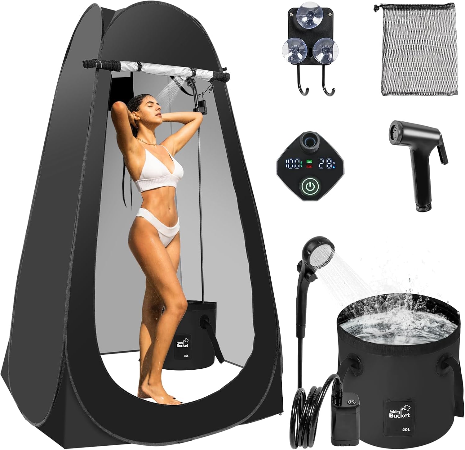 Pop Up Shower Tent for Camping, Portable Outdoor Privacy Shower Tent with 6000mAh Rechargeable Shower