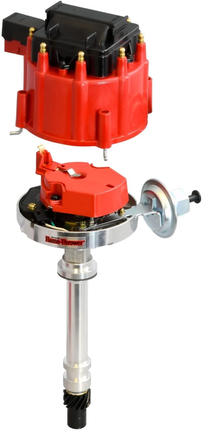 Pertronix D1061 Flame-Thrower HEI Distributor Chevy SB/BB with adjustable vacuum advance canister high dielectric strength red cap and rotor with brass terminals, Black