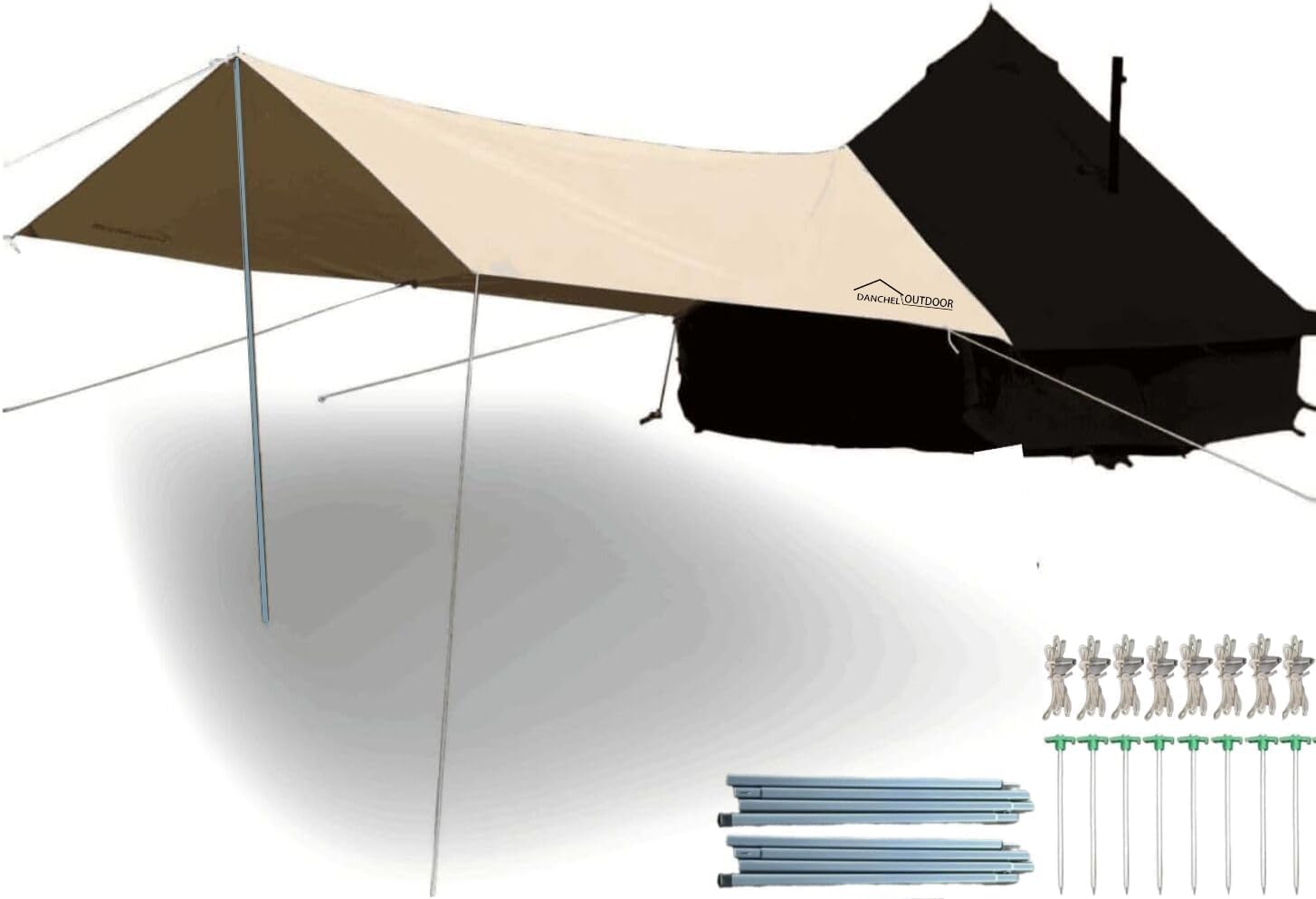 DANCHEL OUTDOOR Waterproof Bell Tent Awning, 4 Season Camping Tarp – Portable Canopy Cover with Poles, Lightweight Glamping Accessories, Rectangle