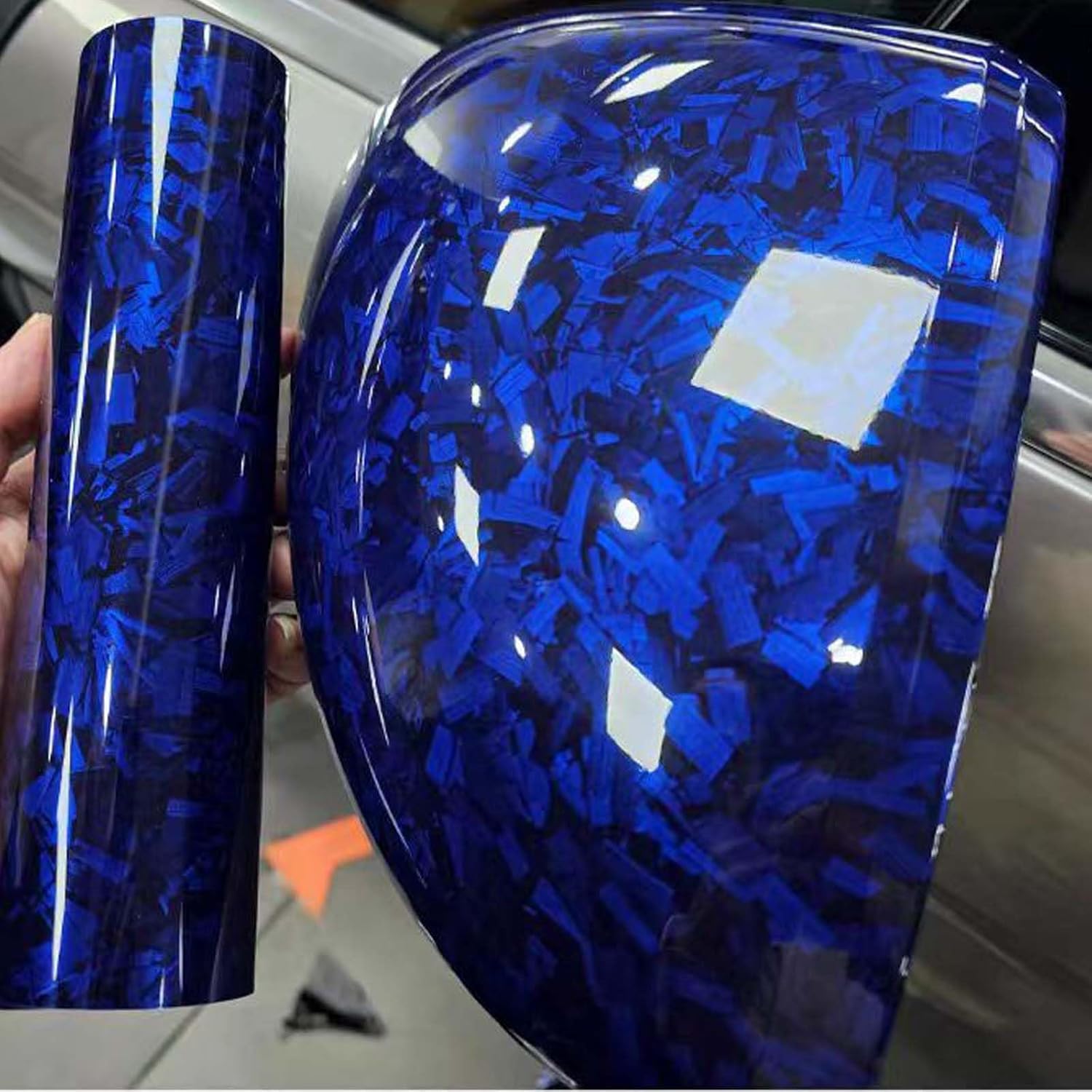 Blue Forged Carbon Fiber Vinyl Wrap, High Gloss Car Wrap Roll Auto DIY Decal Sticker Film Sheet Air Release Self-Adhesive Decor Vinyl