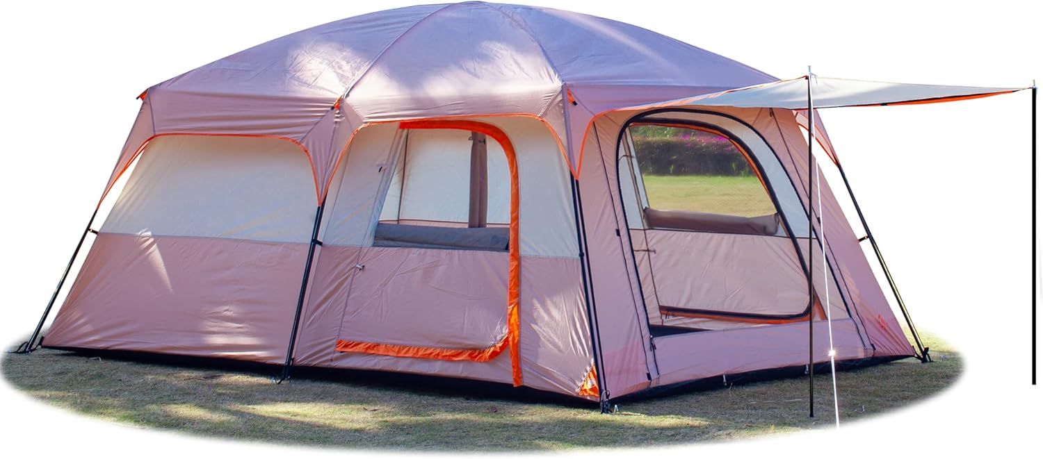 KTT Large Family Cabin Tent 10-12 Person,14.1X10X6.58ft,2 Rooms,3 Storage Pockets,2 Bay-Windows 3 Doors and 3 Windows with Mesh,Straight Wall,Waterproof,Double Layer,Big Tent for Outdoor,Camping