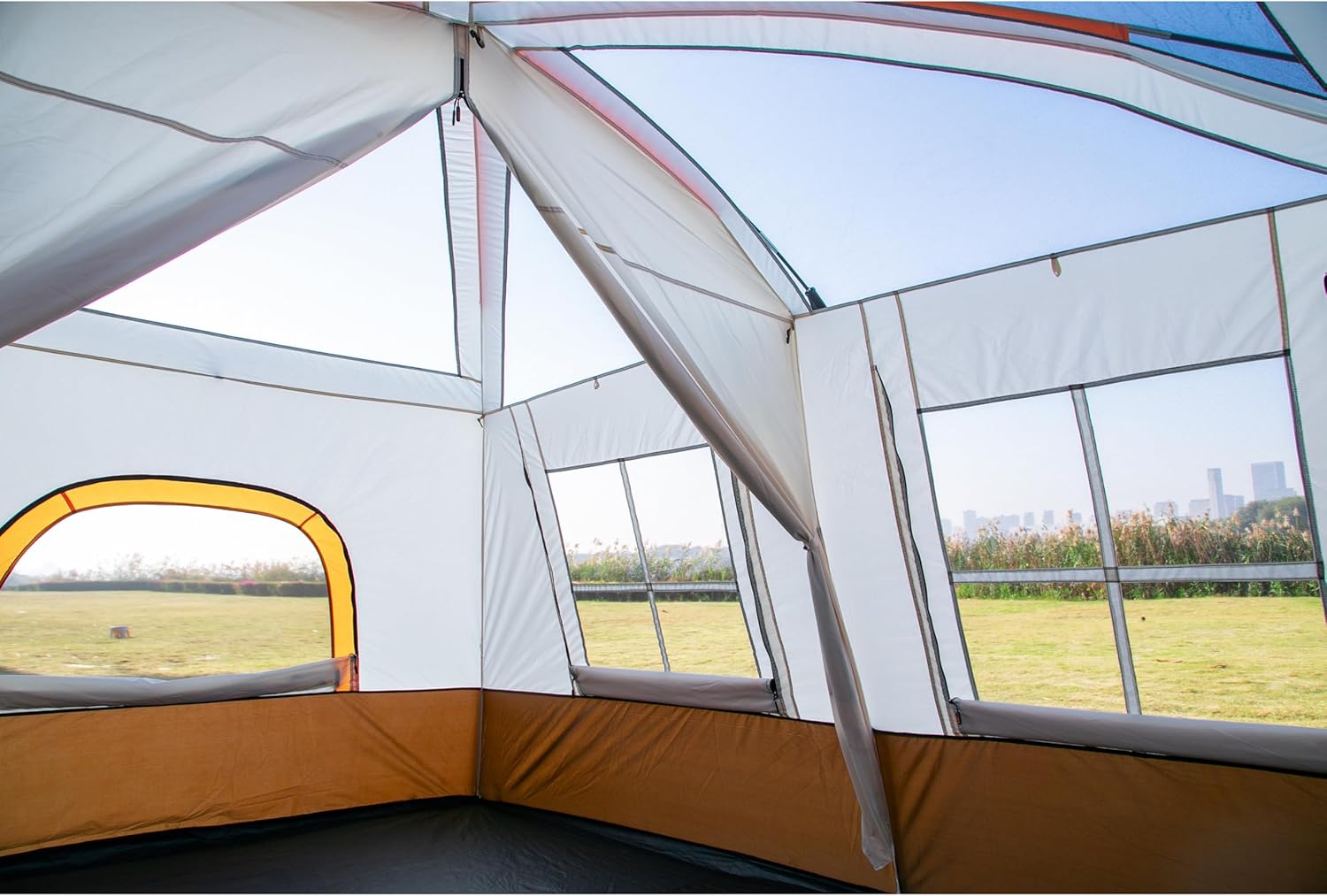 KTT Large Family Cabin Tent 10-12 Person,14.1X10X6.58ft,2 Rooms,3 Storage Pockets,2 Bay-Windows 3 Doors and 3 Windows with Mesh,Straight Wall,Waterproof,Double Layer,Big Tent for Outdoor,Camping