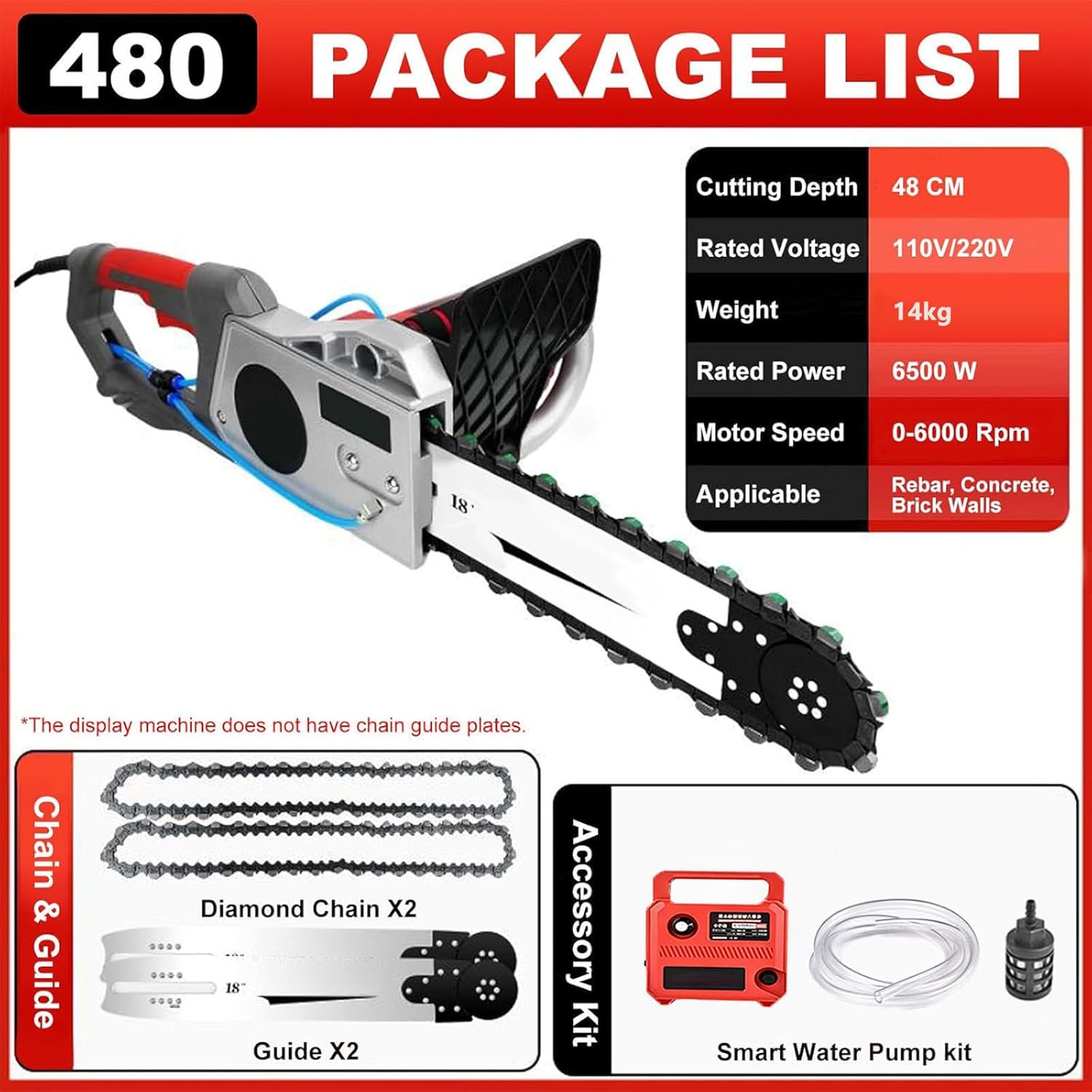 5800W/6500W Concrete Saw,Wet Water Supply Dust Removal Electric Concrete Saw with Water Pump, for Cutting Concrete, Steel Bars, Marble Depth48cm