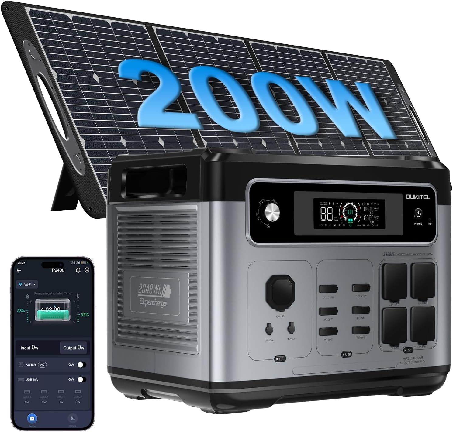 OUKITEL P2400 Portable Power Station 2400W with 200W Solar Panel, 2048Wh Large Capacity Solar Generator, LiFePO4 Battery, AC/DC BMS Emergency Power Station for Home Backup, Camping