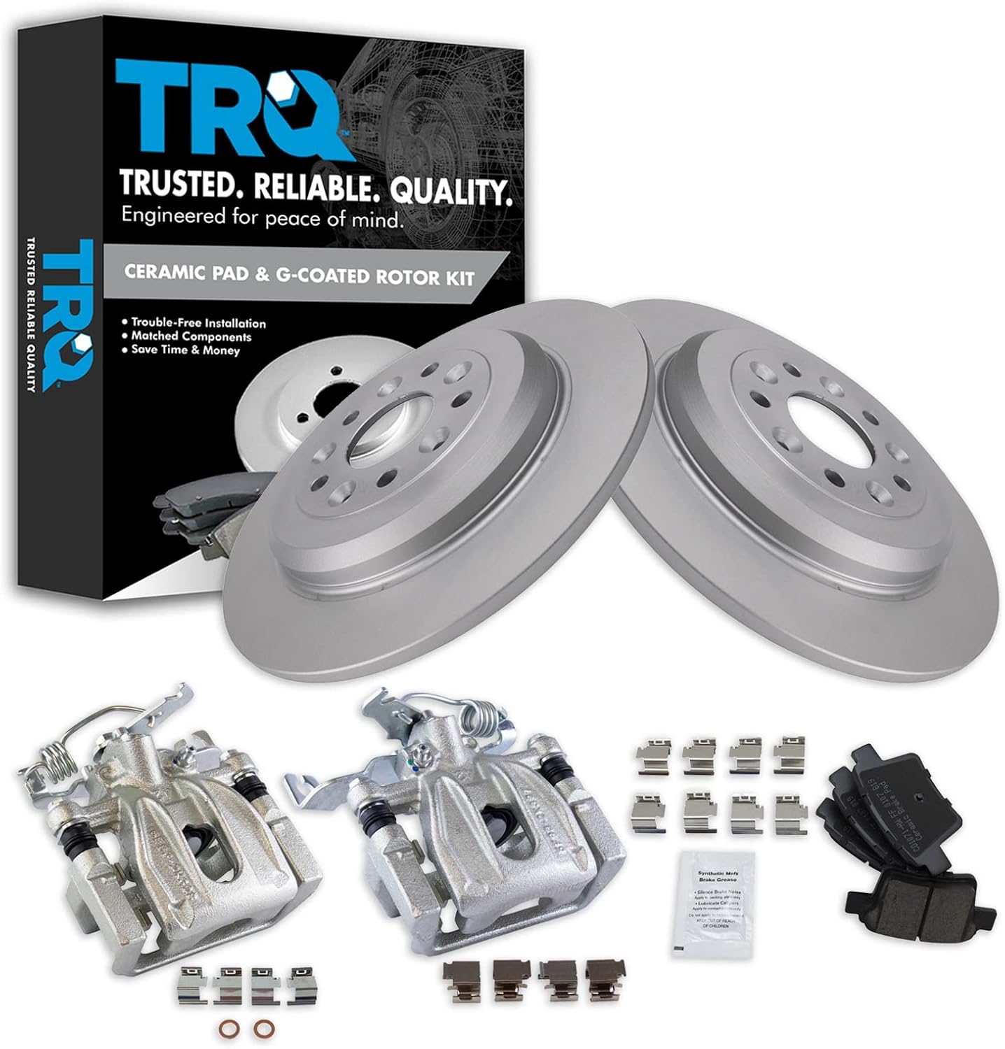 TRQ Rear Brake Pad & Rotor Kit Brake Caliper Brake Pads Brake Rotor Ceramic Solid Premium G-Coated Compatible with 2005-2007 Ford Five Hundred Freestyle 2008-2009 Taurus Taurus X Mercury Montego Sable