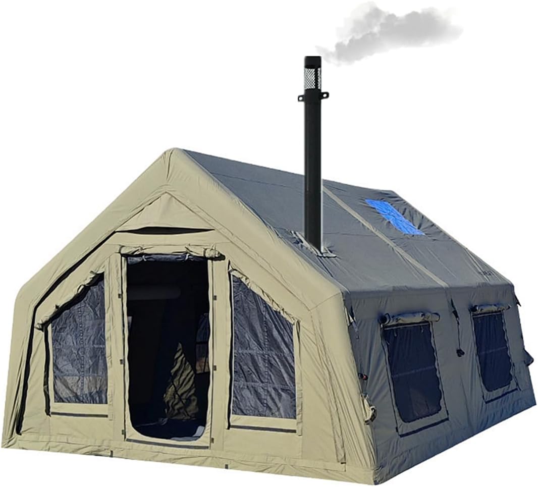 4 Season Air Tent Glamping Tent with Separate Living and Sleeping Area,Waterproof Pop-Up Outhouse Yurt with Pump and Stove Jack Hole, 8-10 Person Camping Quick Set Up