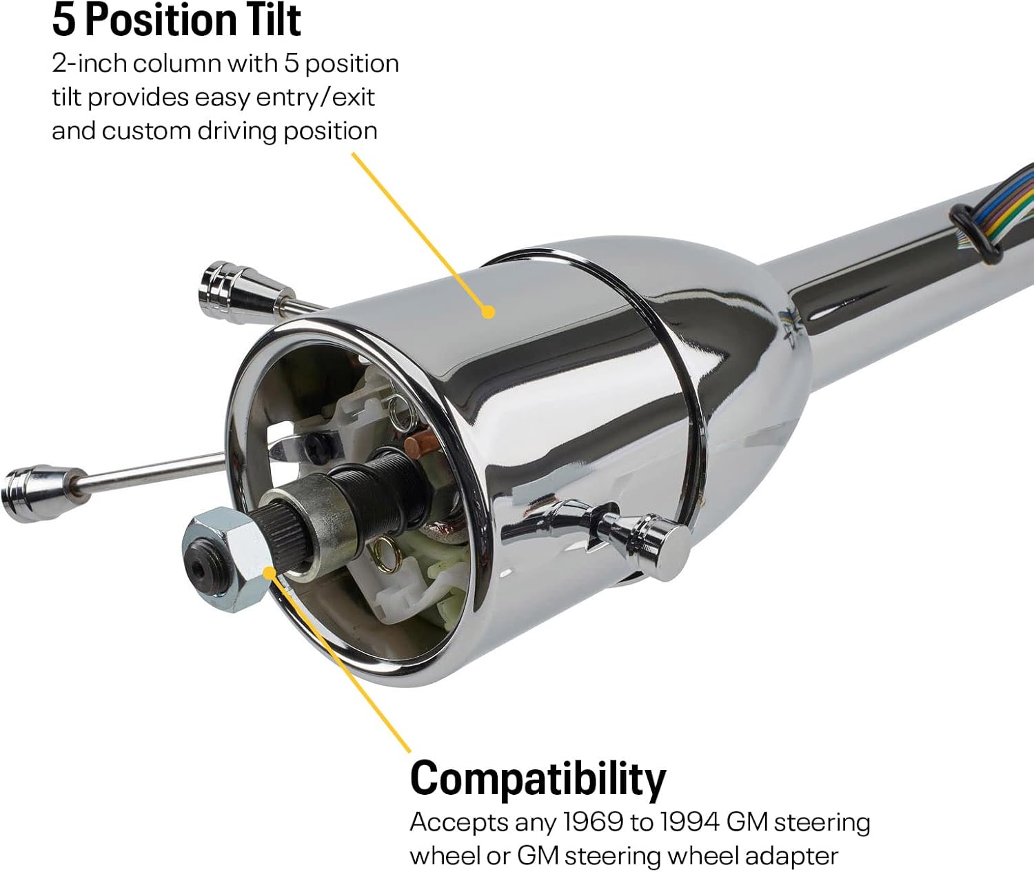Universal GM 30-Inch Tilt Steering Column, Floor Shift, 5-Position Adjustable, Compatible with OE & Aftermarket Harnesses, 1969-1994 GM Specs, Includes Chrome Levers, Chrome