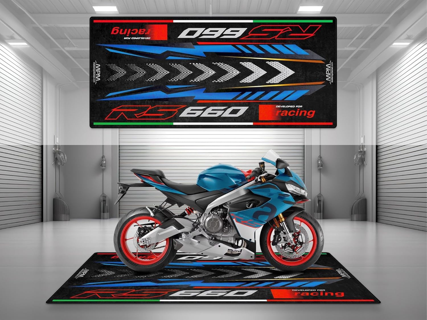 MPM Motorcycle Mat for RS 660 Washable Non-Slip Oil & Water Resistant Parking Pitmat for Garage, Showroom, Workshop Use | Blue Marlin - Size 1: 86.6 x 39.4/220 x 100 cm