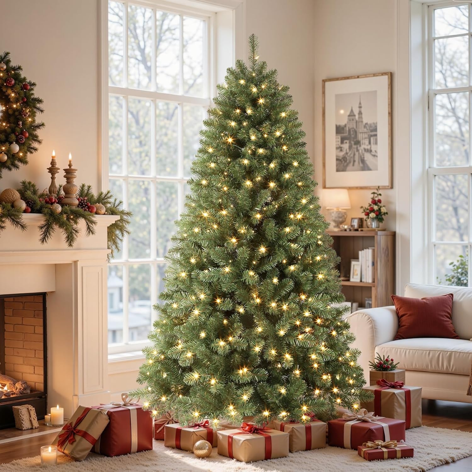 SHareconn 7ft Prelit Premium Artificial Hinged Classic Spruce Christmas Tree with Pre-lit 300 Warm White Lights, 1076 Branch Tips and Foldable Stand, Perfect Choice for Xmas Decoration, 7 FT, Green
