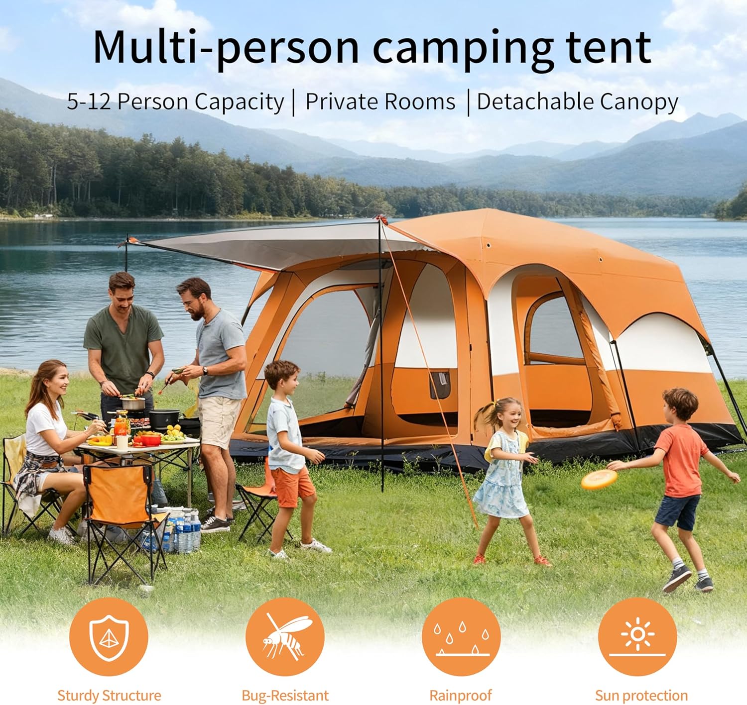 Large Family Camping Tent - 5-12 Person Multi-Room Waterproof Pop-Up Tent with Screened Porch - Glamping Tent for Outdoor Camping & Family Vacation