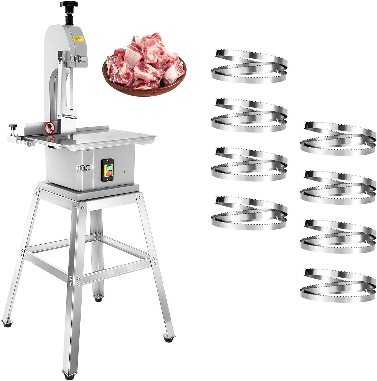 Electric Meat Bandsaw with Stand, 1500W Bone Saw for Butchering Commercial Bone Cutter Machine, 19 X 12 Inch Stainless Steel Countertop, 0.04-8 Inch Cutting Thickness with 8 Sharp Saw Blades