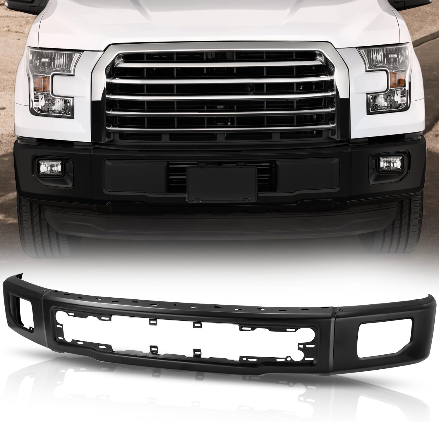Auto Dynasty Front Bumper Impact Face Bar Compatible with 2015 2016 2017 Ford F-150, with Fog Light Cutout, Non Fit Raptor Model, Polished Chrome
