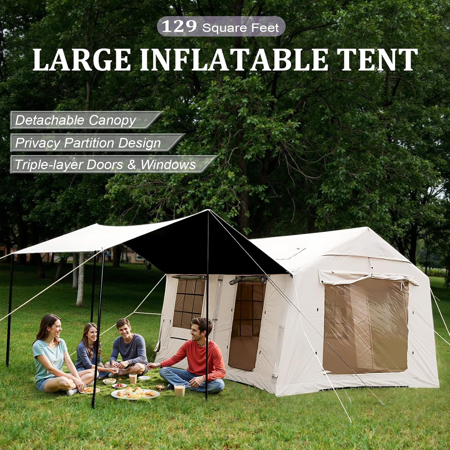 8/10/12 Person Large Inflatable Tents for Camping, 4 Season Blow Up Tents with Canopy/Rainfly, Luxury Inflatable Tent House with Stove Jack, Easy Setup Inflatable Camping Tent.