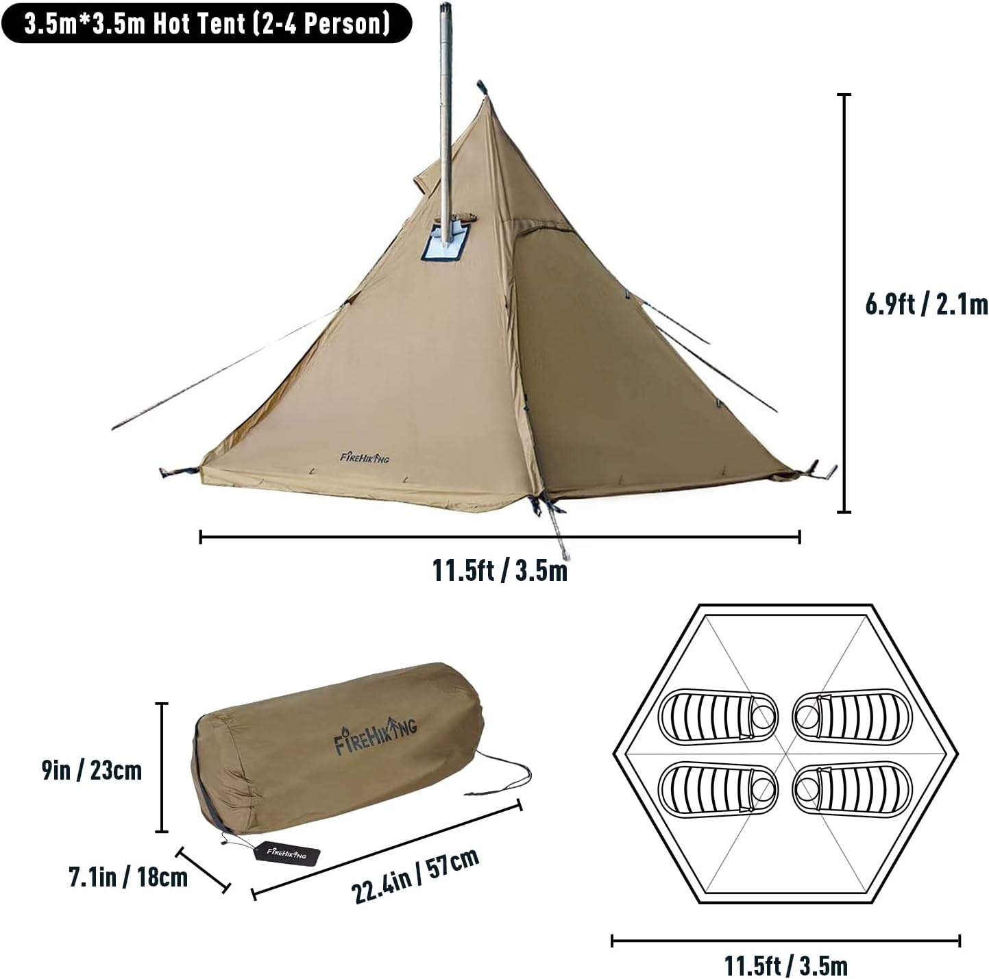 FIREHIKING Camping Hot Tent 2-4 Person Teepee Tent with Stove Jack for Backpacking Hunting Height 11'6