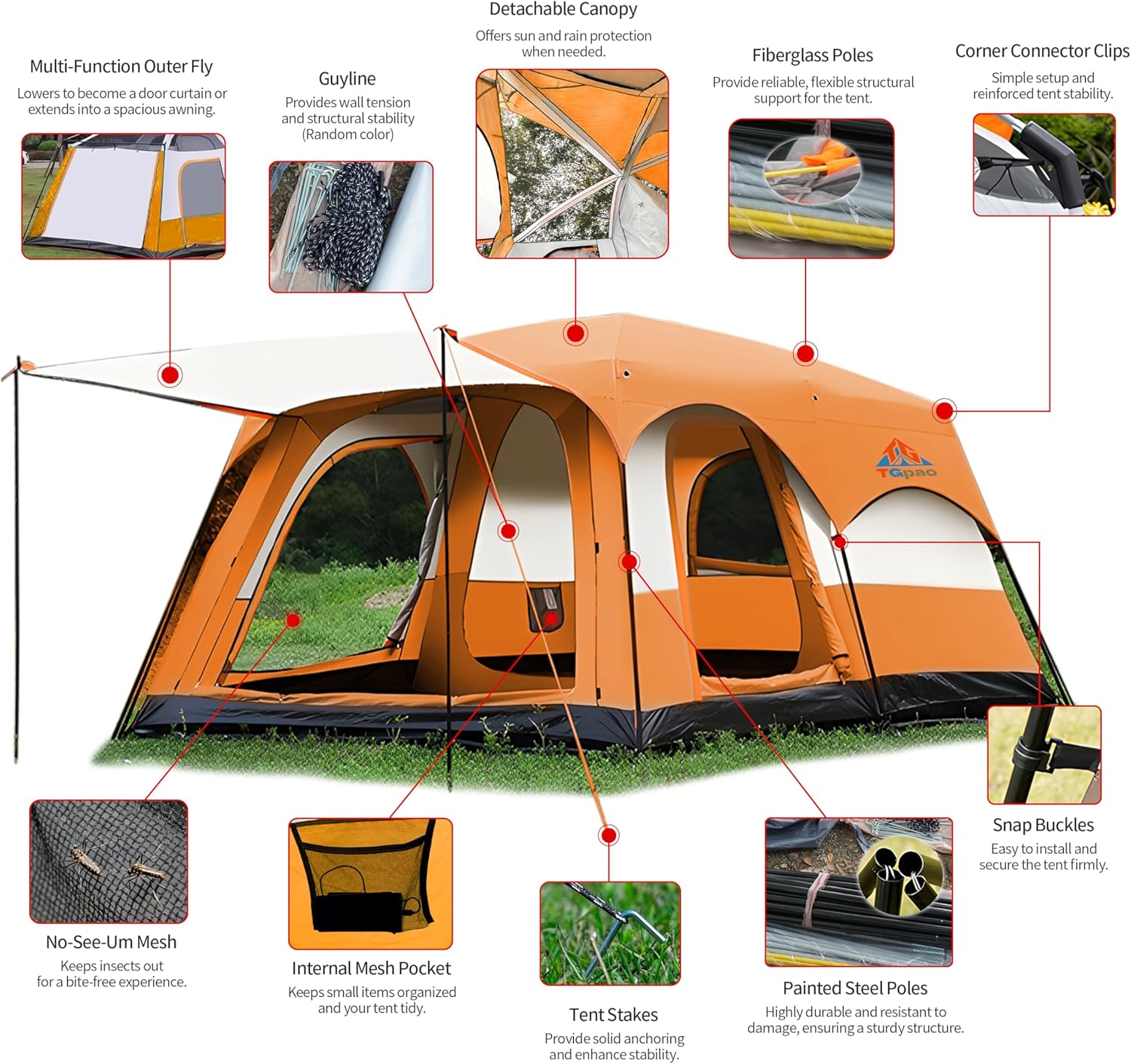 Large Family Camping Tent - 5-12 Person Multi-Room Waterproof Pop-Up Tent with Screened Porch - Glamping Tent for Outdoor Camping & Family Vacation
