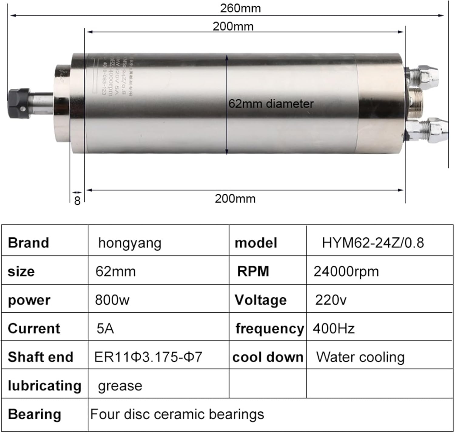 Spindle 800w 62 for Metal Engraving and Milling Machine Water-Cooled Mold Spindle(0.8kw 700Hz 42000rpm)