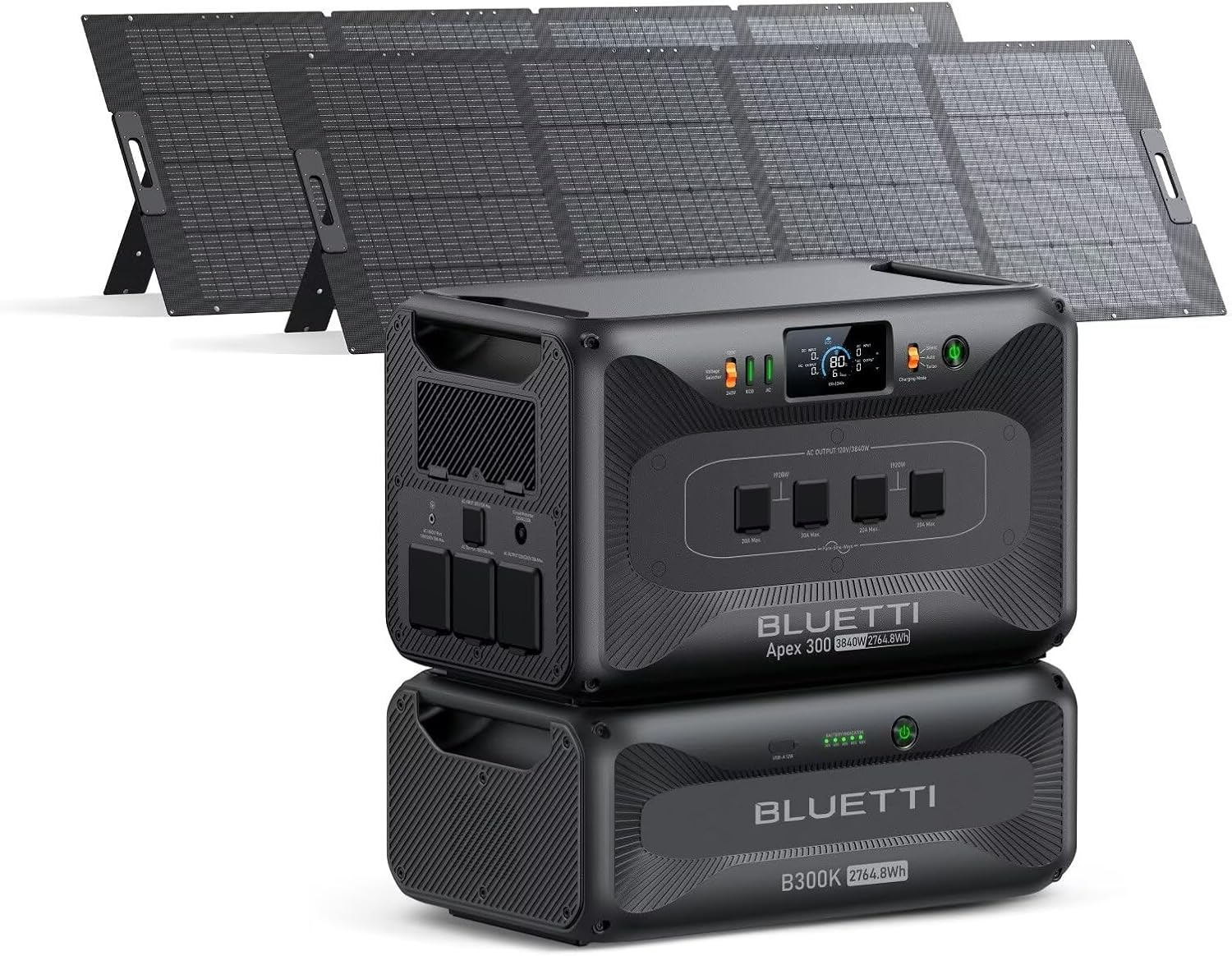 BLUETTI Apex 300 Solar Generator & B300K (2025 New) with 2 350W Solar Panels, 5529.6Wh LFP Battery Backup with 6 3840W AC Outlets (7680W Surge), 120V/240V Dual Voltage, Ideal for Off-Grid Living