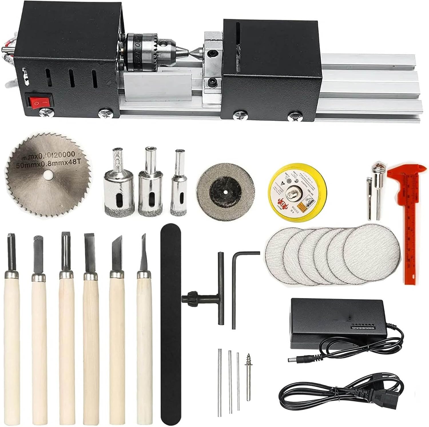 Mini CNC Lathe Tool, Lathe Bead Polisher Woodworking DIY CNC hining 12-24V DC 100W Variable Speed 4000-9000RPM Grinding Milling Cutting Drill Tool