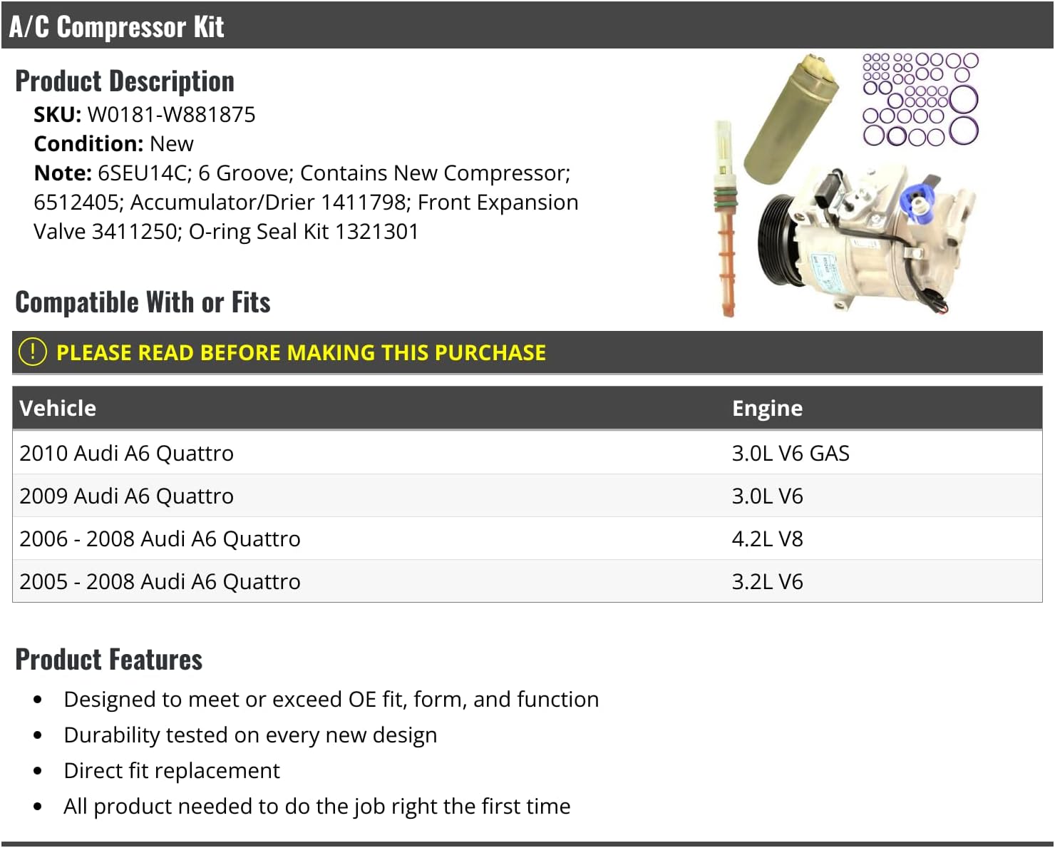 A/C Compressor Kit - 6SEU14C - 6-Groove - Compatible with 2005-2010 Audi A6 Quattro