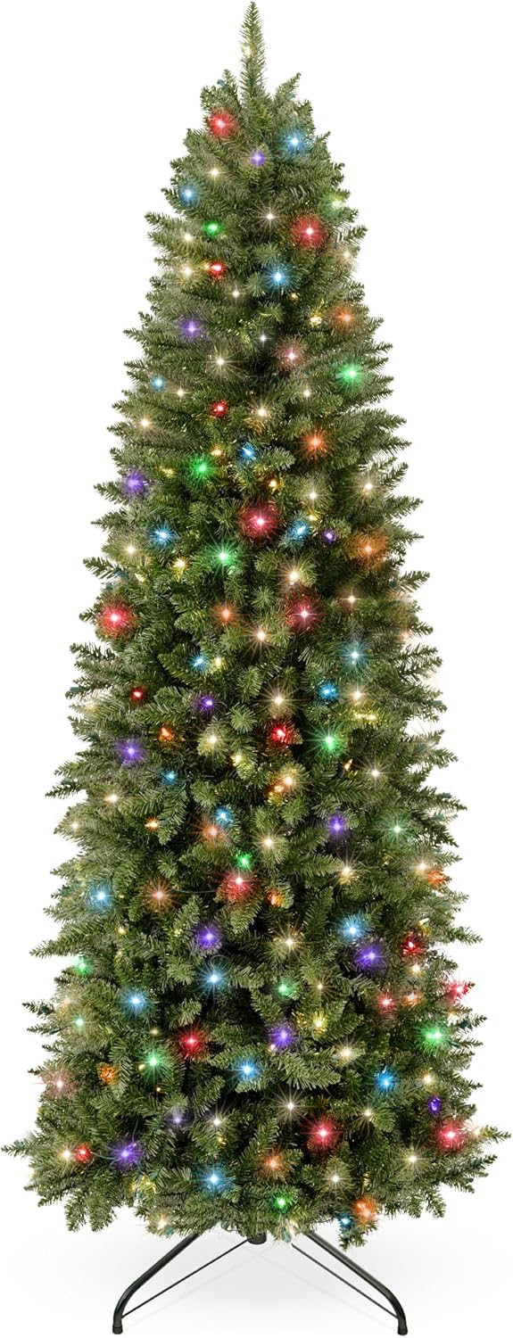 Best Choice Products Prelit Pencil Christmas Tree, 6ft Premium Artificial Tree, Realistic Lighted Spruce Holiday Decor w/Warm White Lights, Base