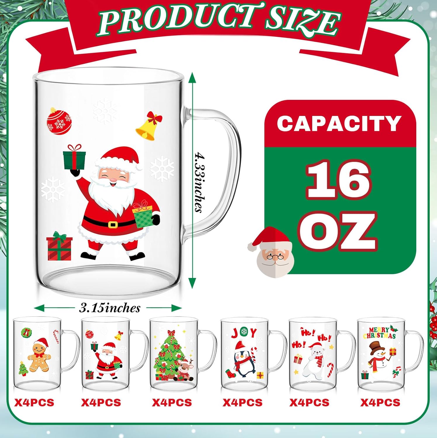 Baderke 24 Pcs Christmas Glass Mugs Set 16 Oz Winter Xmas Coffee Mugs Bulk with Handle Snowman Snowflake Coffee Cups Santa Claus Cups Christmas Gift for Women Men Holiday Kitchen Xmas Party Decor