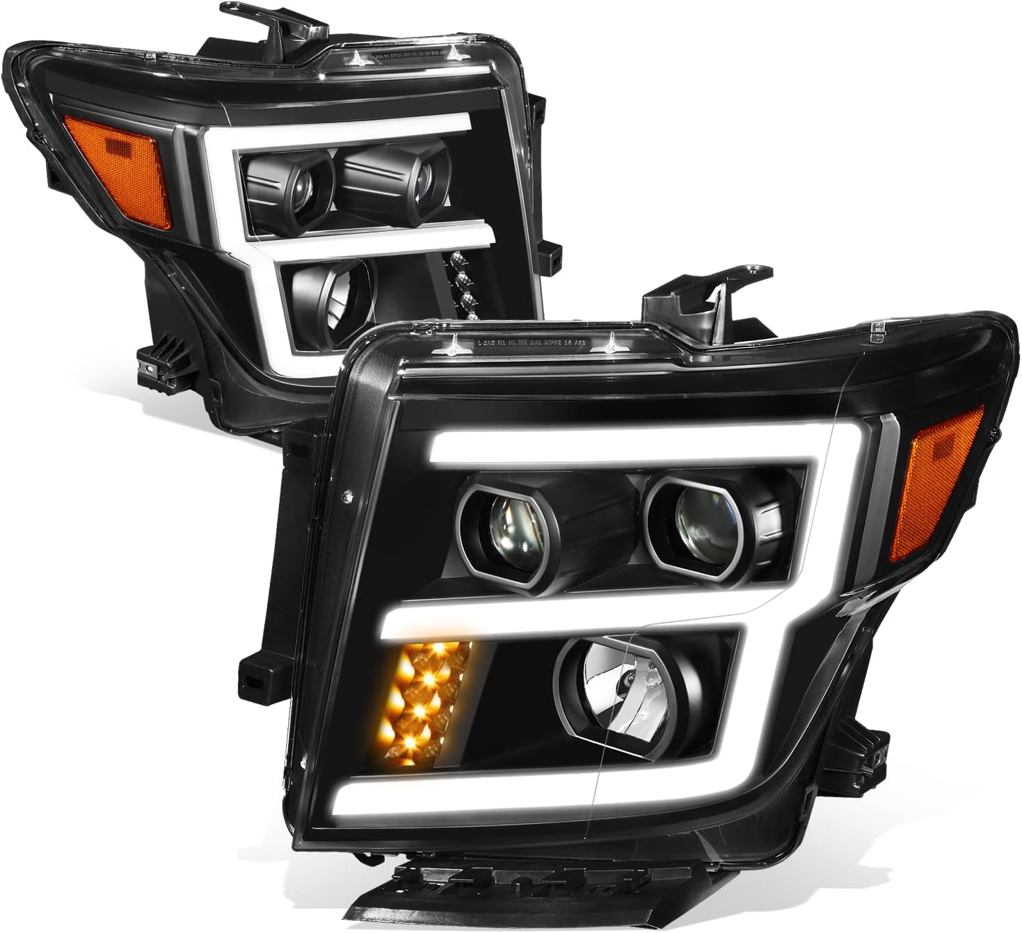 Auto Dynasty LED DRL Headlights Assembly Compatible with 2016-2024 Nissan Titan (XD), Halogen Headlamps Replacement w/Projector Low Beam, E-Style LED Running Light, Black Housing Amber Lens