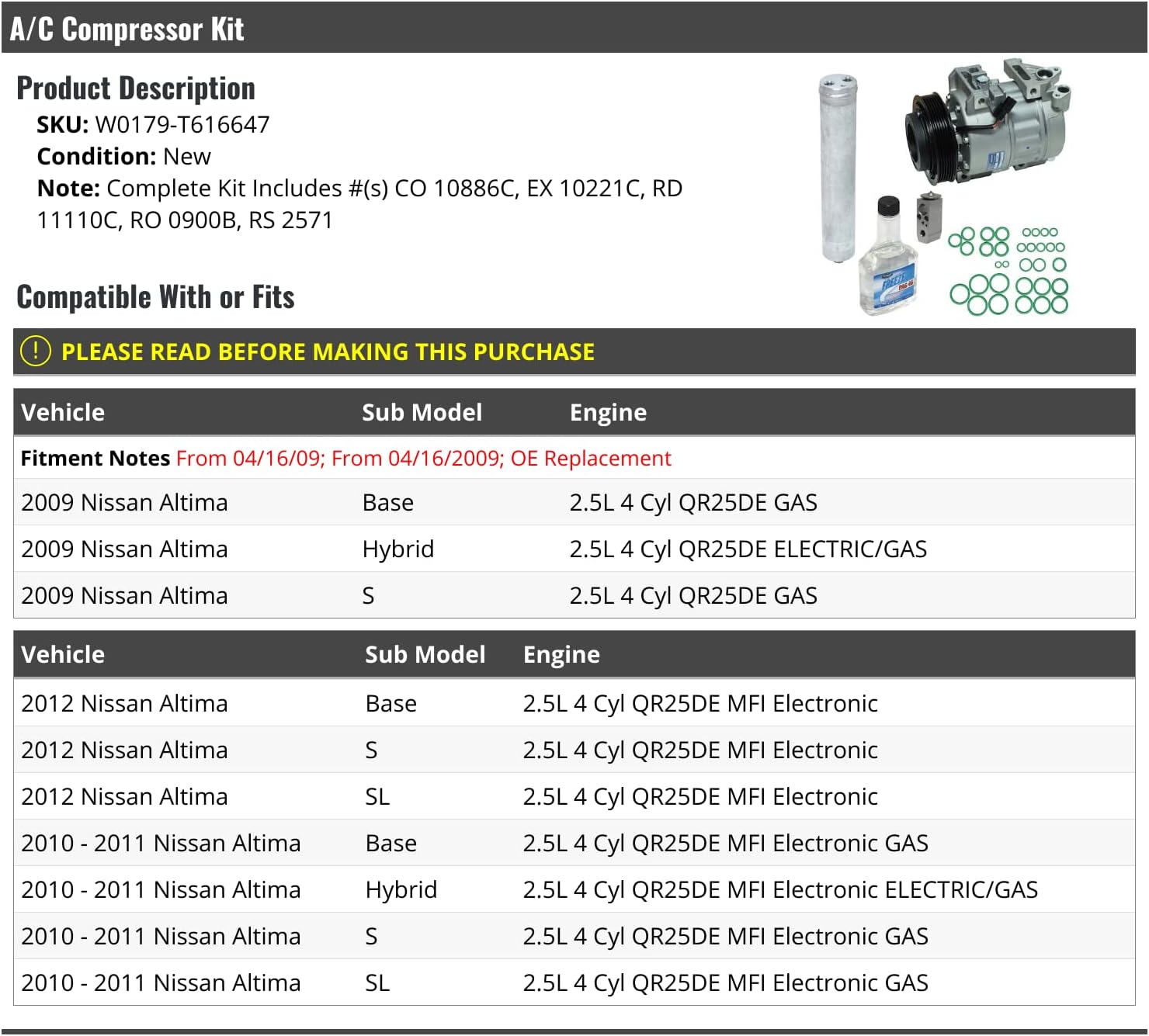 A/C Compressor Kit - Compatible with 2009-2012 Nissan Altima 2.5L 4-Cylinder (From 04/16/2009) (W0179-T616647)