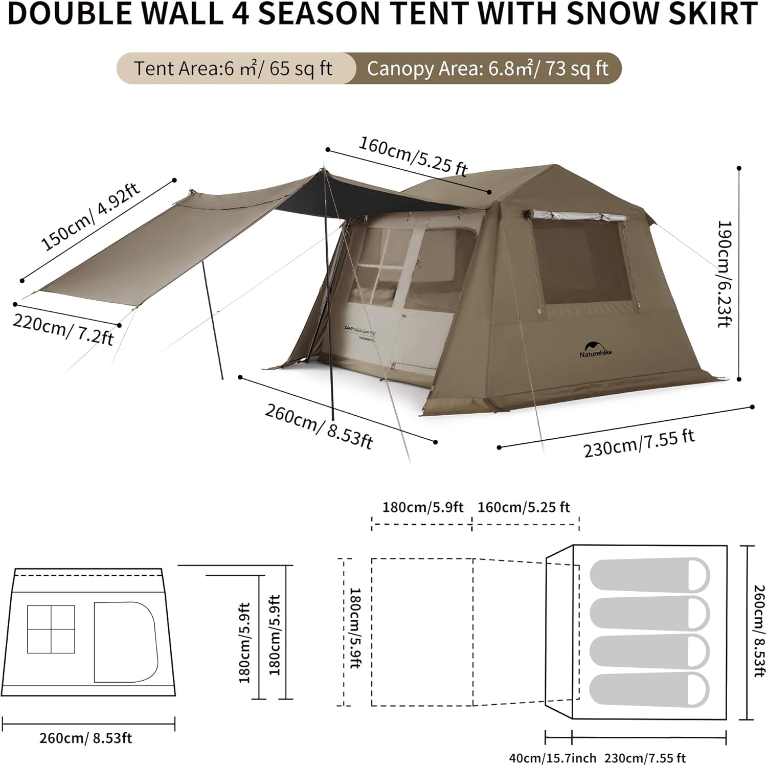 Naturehike Village Instant Tent, 4 Person 8 Person Camping Tent with Full Rainfly, Waterproof Large Cabin Tents for Car Camping