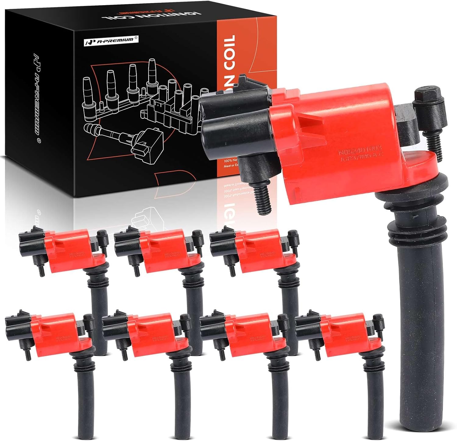 A-Premium (Red) Engine Ignition Coil Pack Compatible with Jeep Grand Cherokee 2005 & Dodge Ram 1500 2500 3500 2003-2005, Durango 2004-2005, Magnum 2005 & Chrysler 300 2005, 5.7L, 8-PC Set