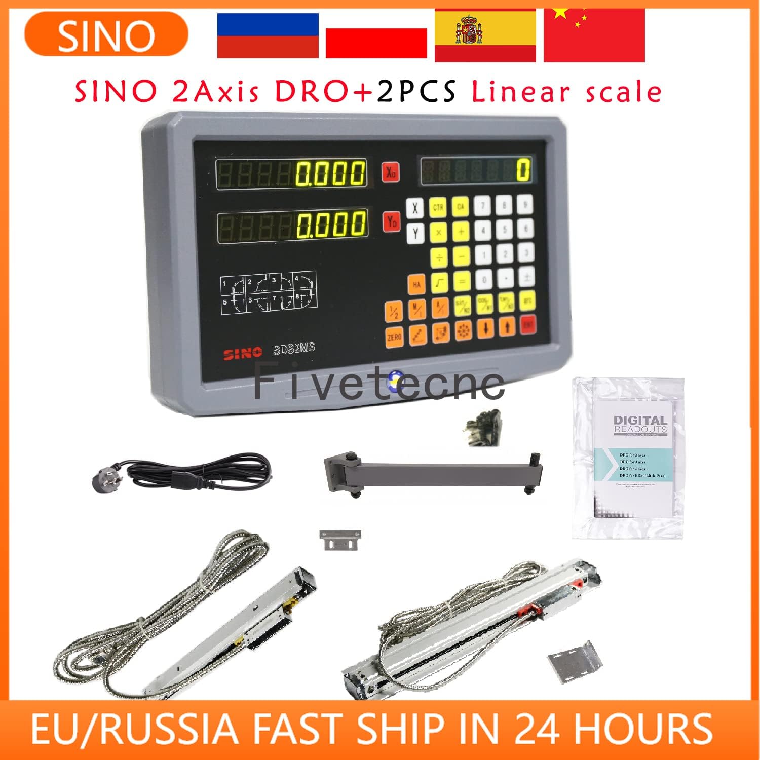 CNC Mill, 2 Axis Digital Readout DRO Kit and 2pcs KA300 KA500 Slim Ruler High Precision Linear Scale Optical Encoder Lathe with Accessories(2 axis DRO)