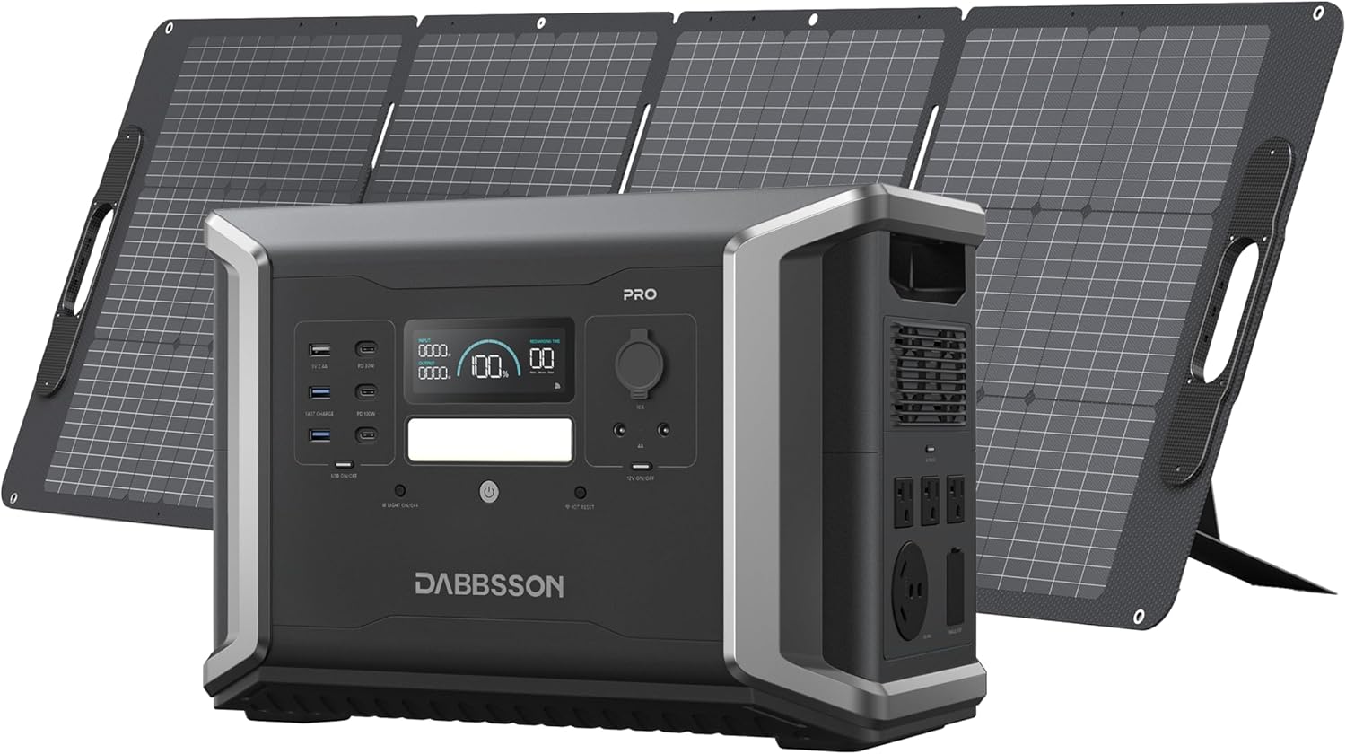Dabbsson 1382Wh Solar Generator–2400W, 80% Charge in 32 Mins, Expandable to 4600W/11.3kWh, with 1x120W Solar Panel, 1200W Solar Input, DBS1400Pro NEMA TT-30 & 100W USB-C for Home & Off-Grid Backup